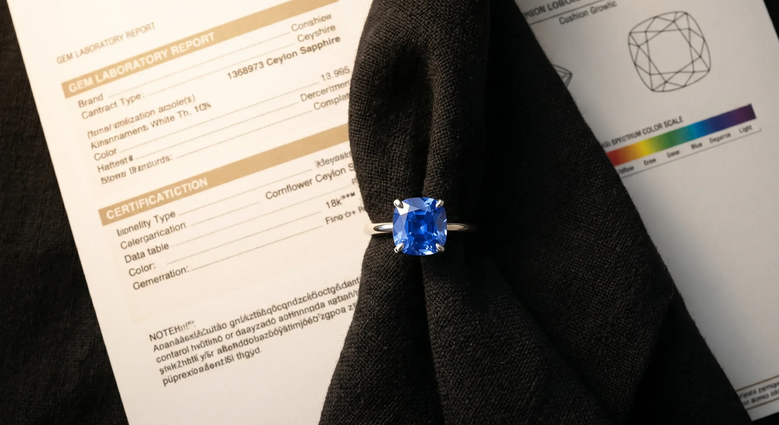 Solitaire blue sapphire engagement ring with a cushion-cut Ceylon sapphire in a four-prong 18k white gold setting, resting on a folded piece of black linen next to a printed gem lab report.