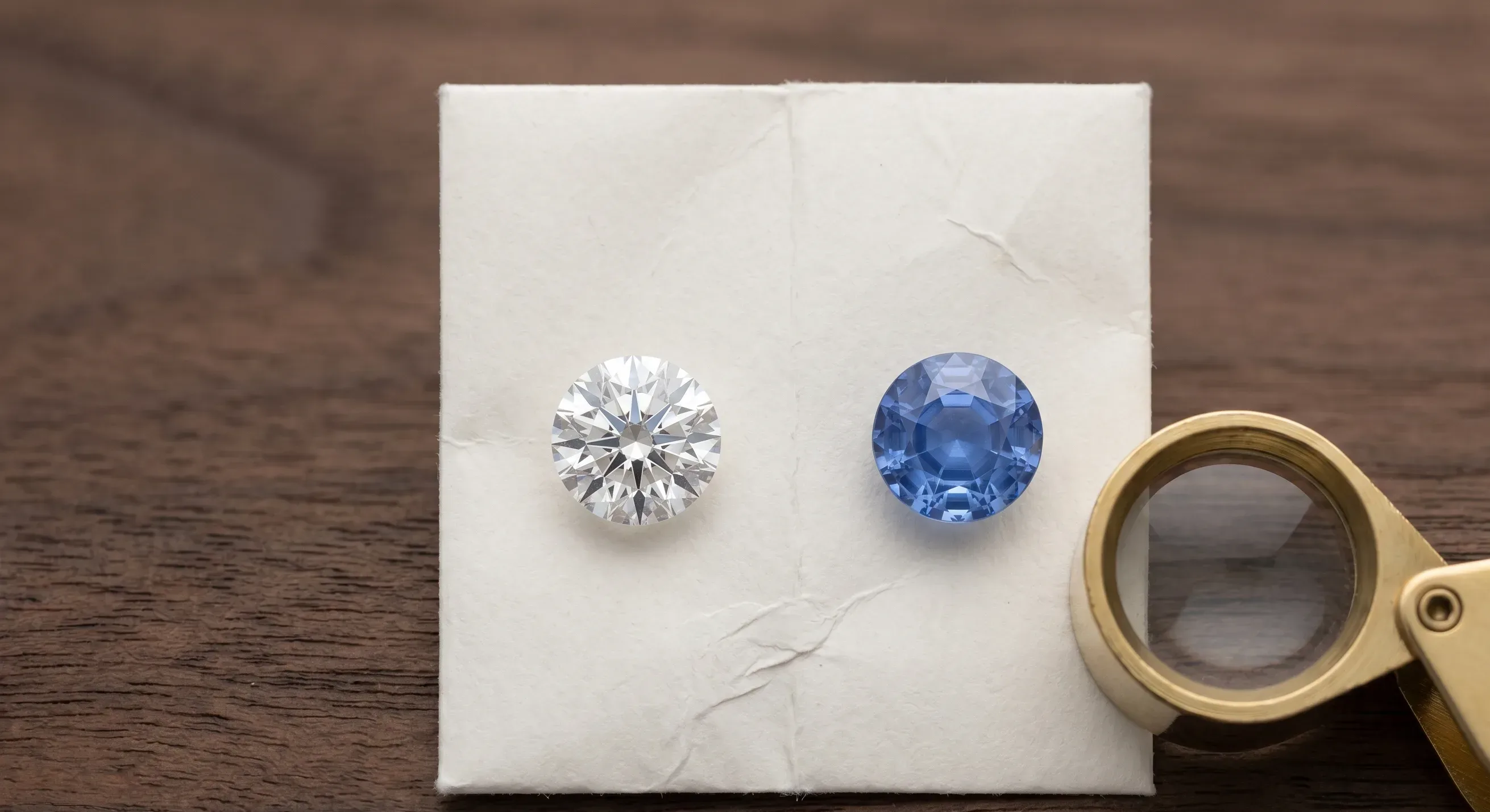 Side-by-side top-down comparison of a round brilliant white diamond and a faceted cornflower blue Ceylon sapphire of equivalent size on a white paper parcel, with a jeweler's loupe beside them on a dark desk.