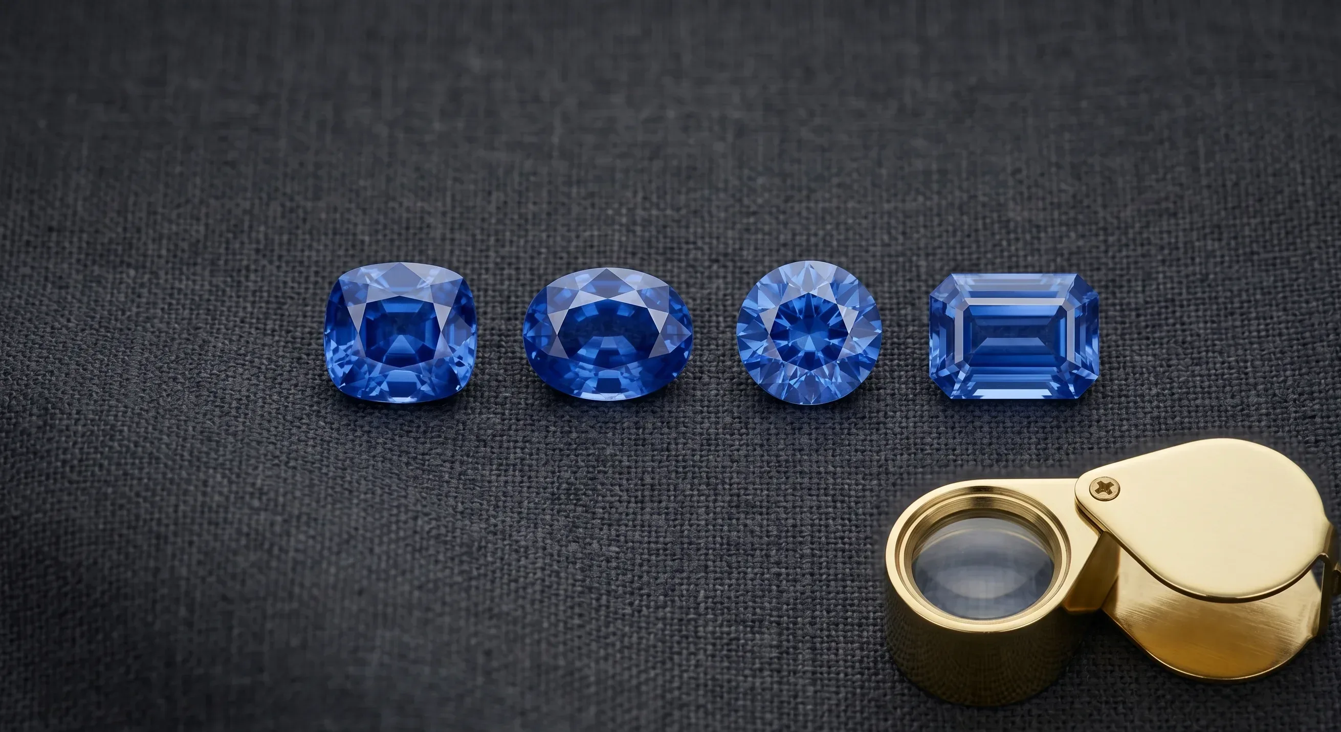 Overhead view of four loose blue Ceylon sapphires in different cut shapes (cushion, oval, round, emerald-cut) arranged in a row on a dark linen surface next to a jeweler's loupe.