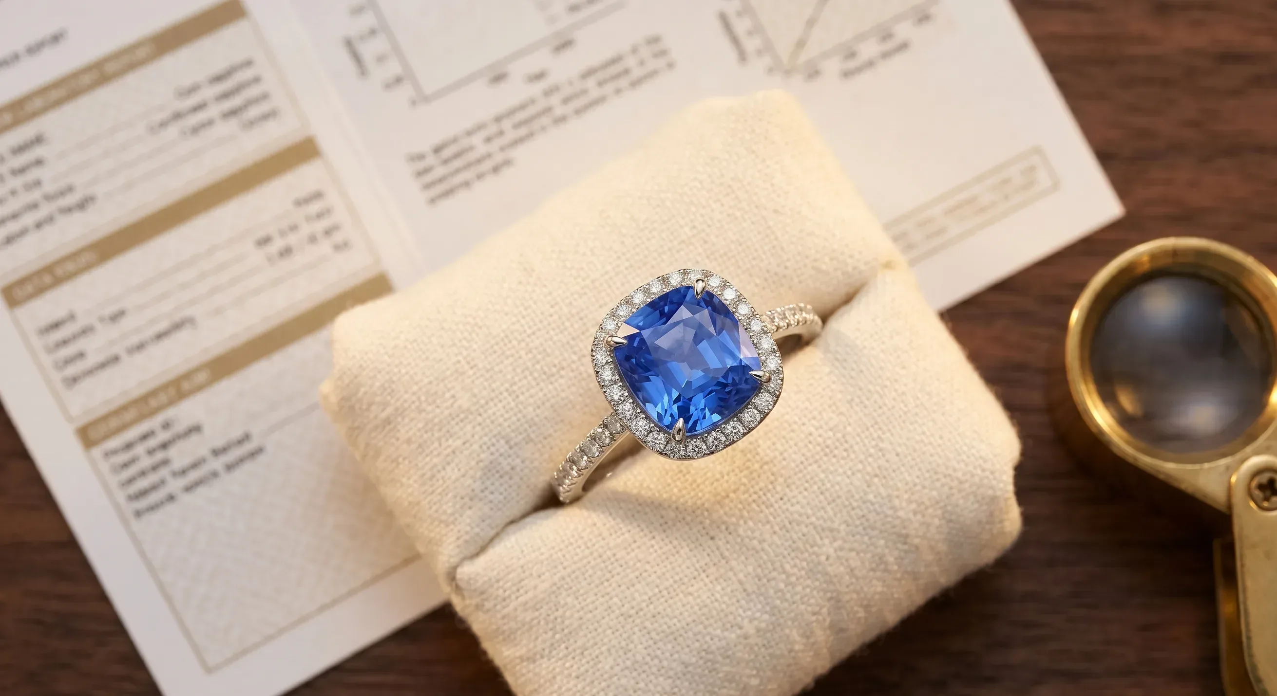 A halo-style blue sapphire engagement ring with a cushion-cut Ceylon center stone and diamond surround, placed on a folded ivory linen ring cushion next to a printed laboratory report and a jeweler's loupe.