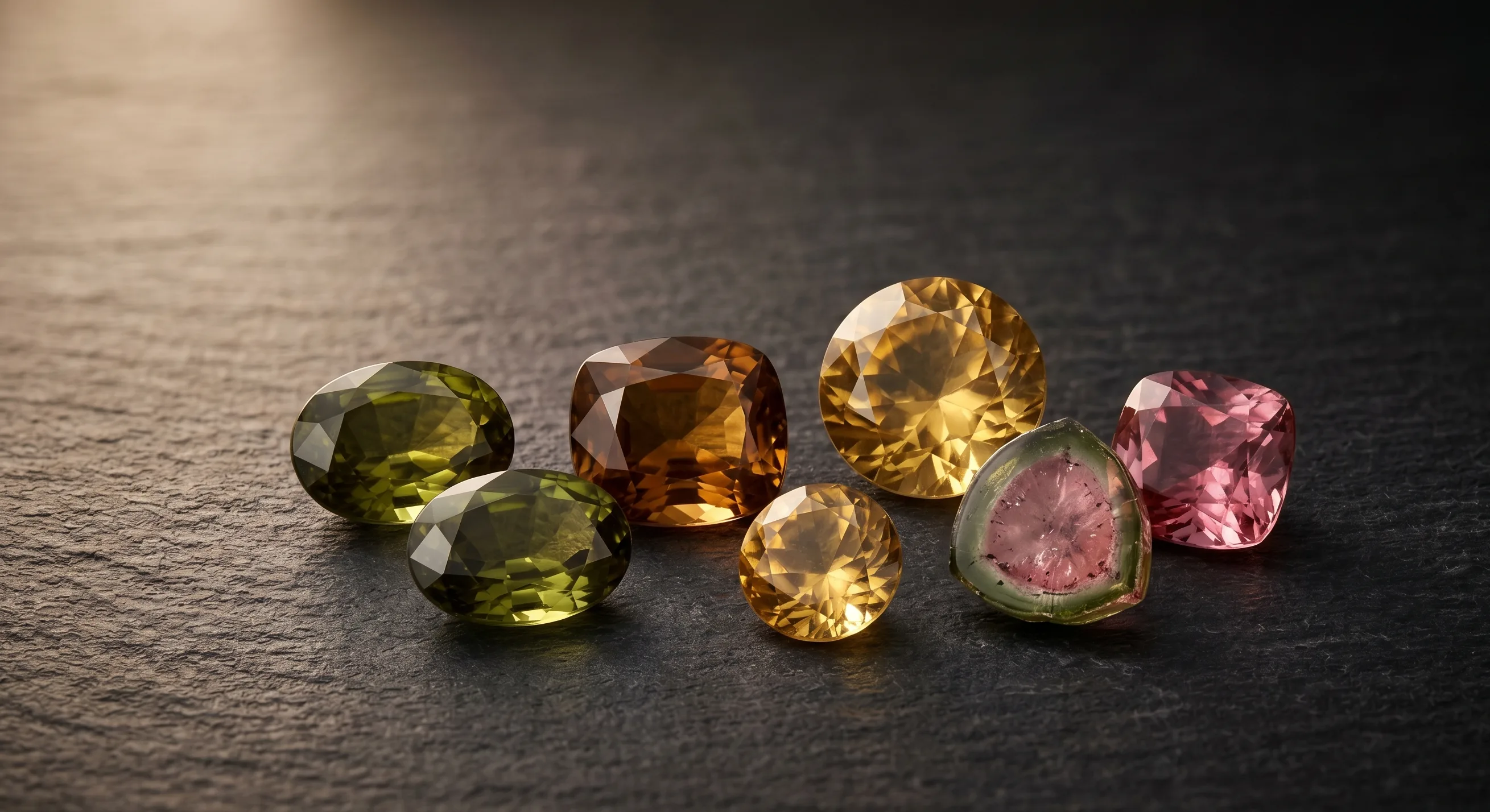 A small selection of loose Sri Lankan tourmalines in olive green, honey brown, golden yellow, and pink, arranged in a loose group on dark slate under soft directional lighting.