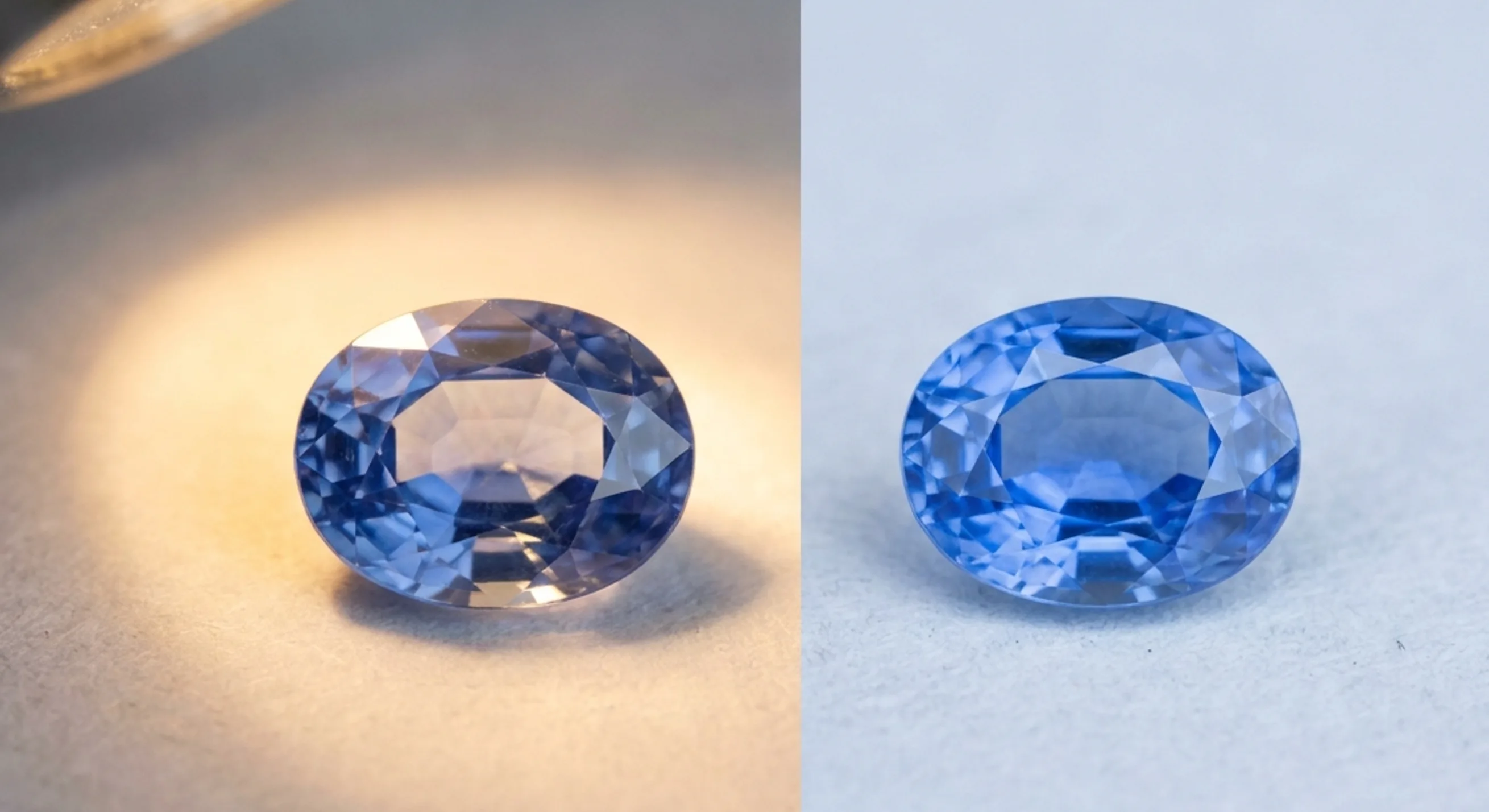 A cornflower sapphire shown under two lighting conditions staying bright in both