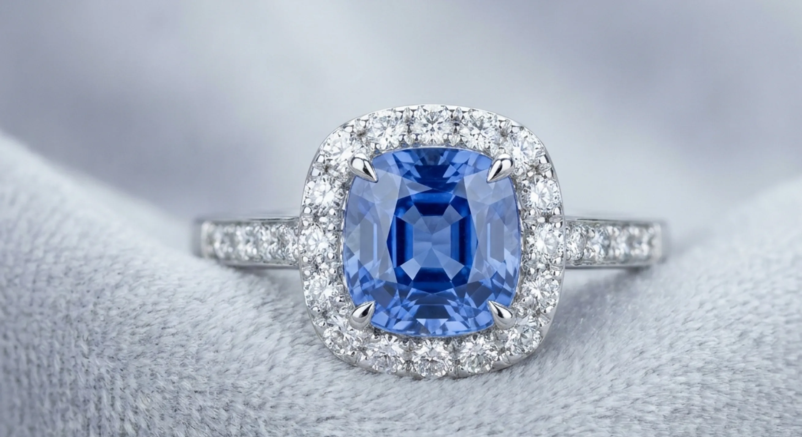 Cornflower Ceylon sapphire engagement ring with diamond halo in platinum