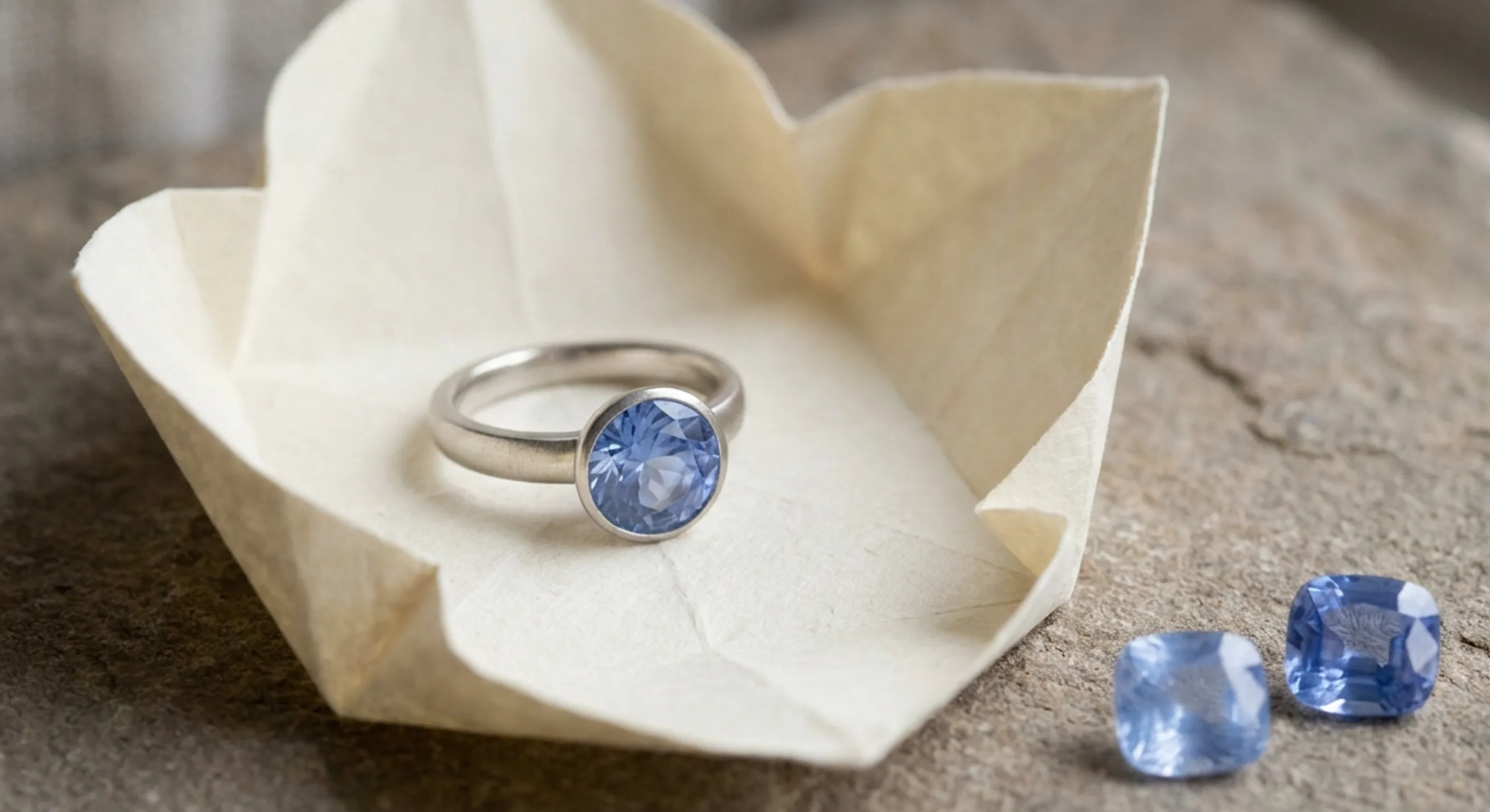 Loose cornflower Ceylon sapphires held with tweezers beside a gem parcel for grading