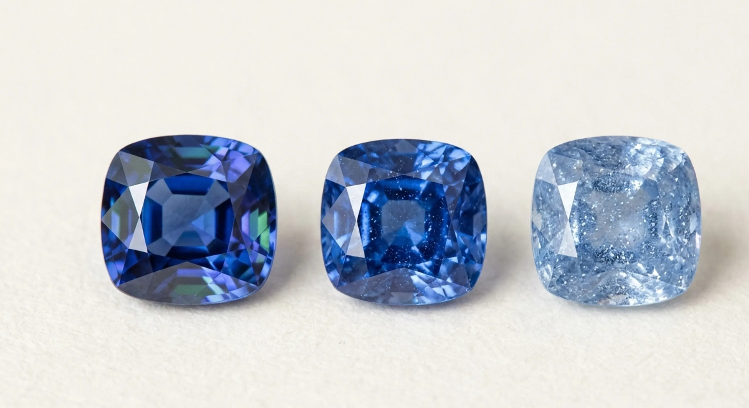Antique-style, modern brilliant and crushed-ice cushion sapphires side by side, showing their different facet patterns
