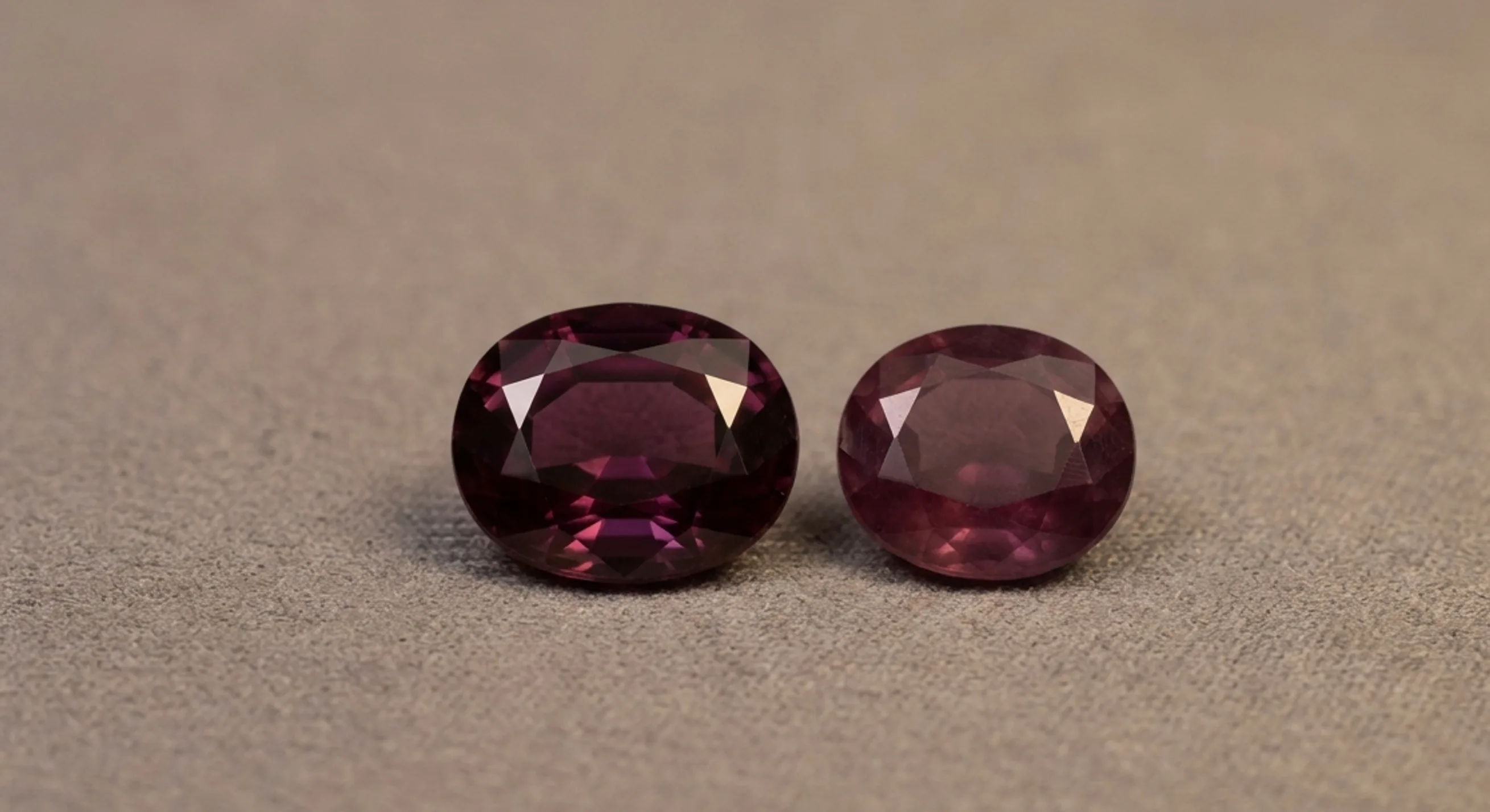 Two alexandrite stones side by side under incandescent light for colour-change comparison