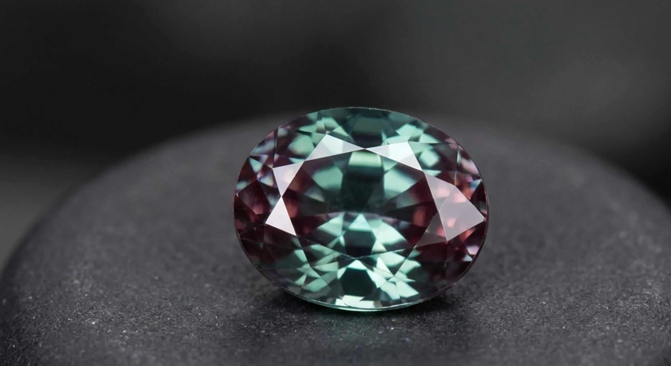 A single one carat faceted alexandrite centred on a dark matte surface