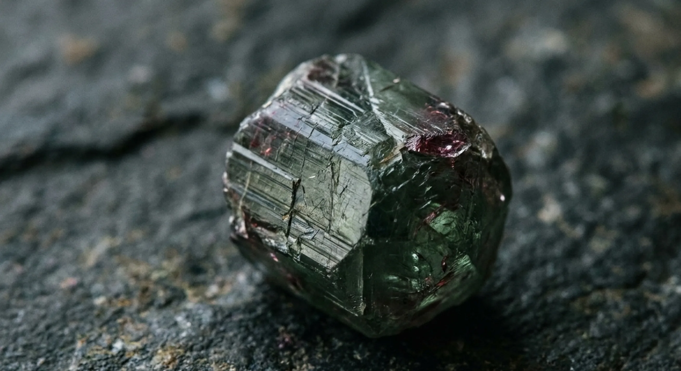 Rough uncut chrysoberyl crystal with a green cast on a dark stone slab
