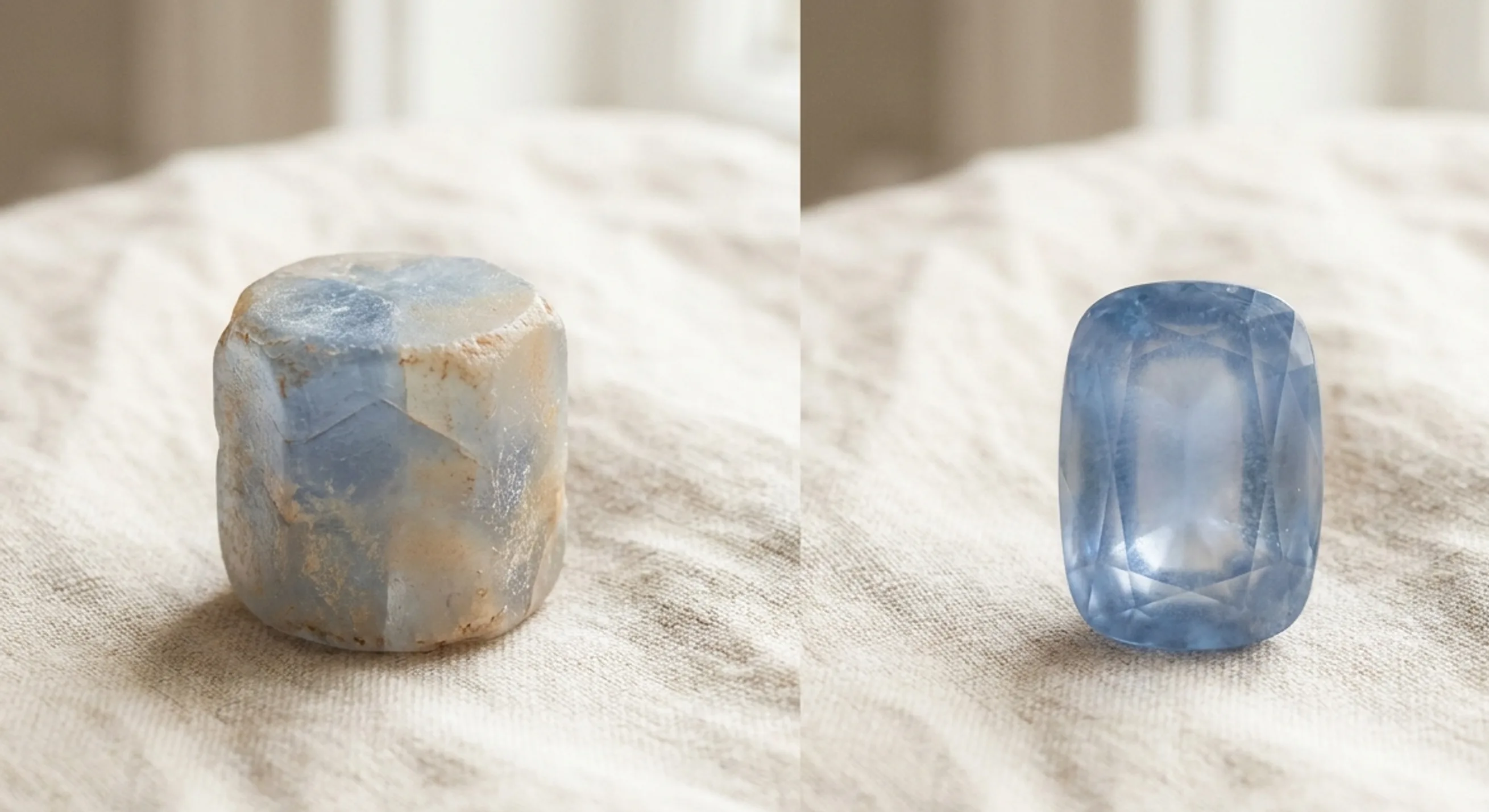 Rough barrel-shaped Sri Lankan sapphire crystal next to a finished cushion-cut blue sapphire on pale linen