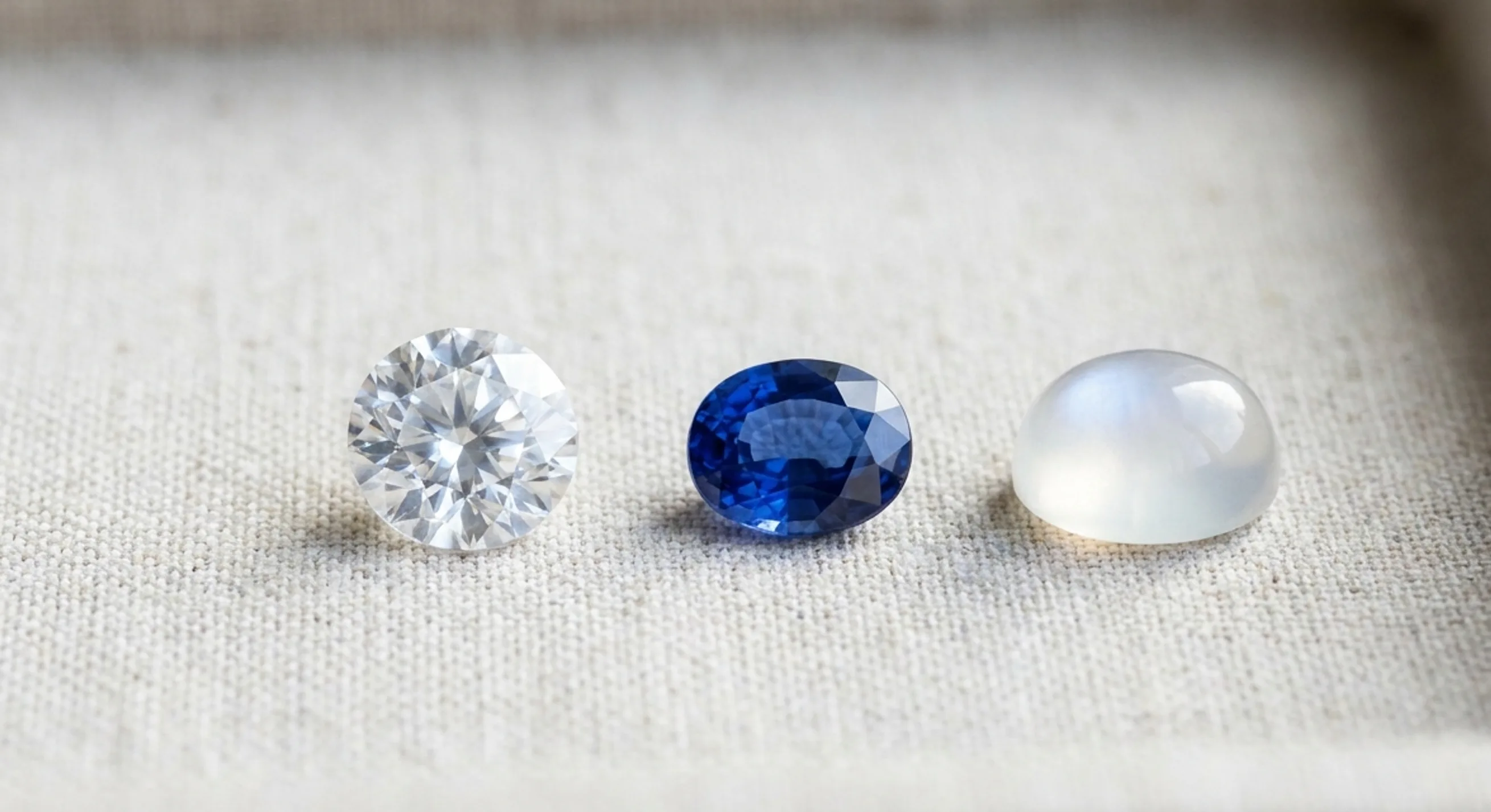A colorless white sapphire, a transparent blue sapphire and a milky moonstone cabochon side by side on pale linen