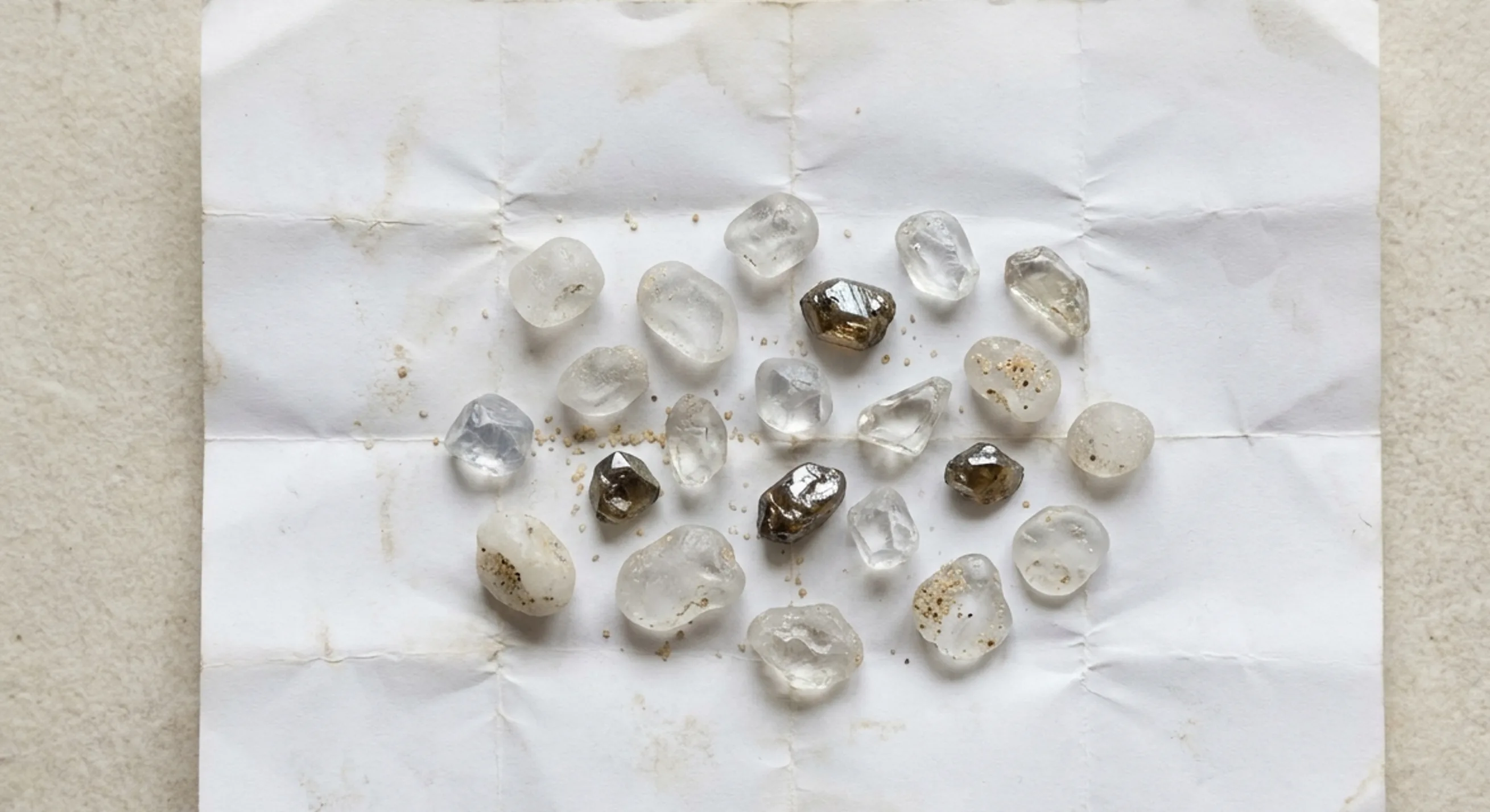 Water-worn colorless rough gem pebbles on an unfolded white parcel paper