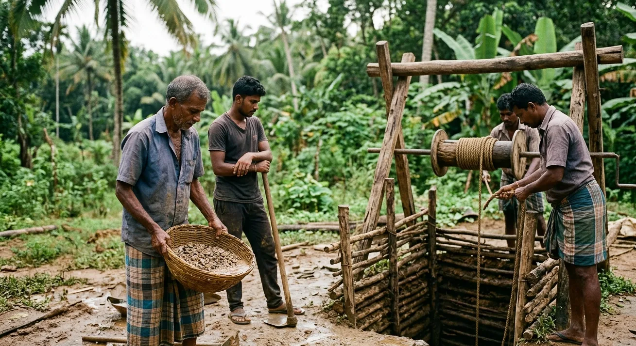 A small-scale Sri Lankan gem-mining team standing beside their hand-dug pit in Ratnapura, with traditional tools, woven baskets, and a single timber winch over the shaft.