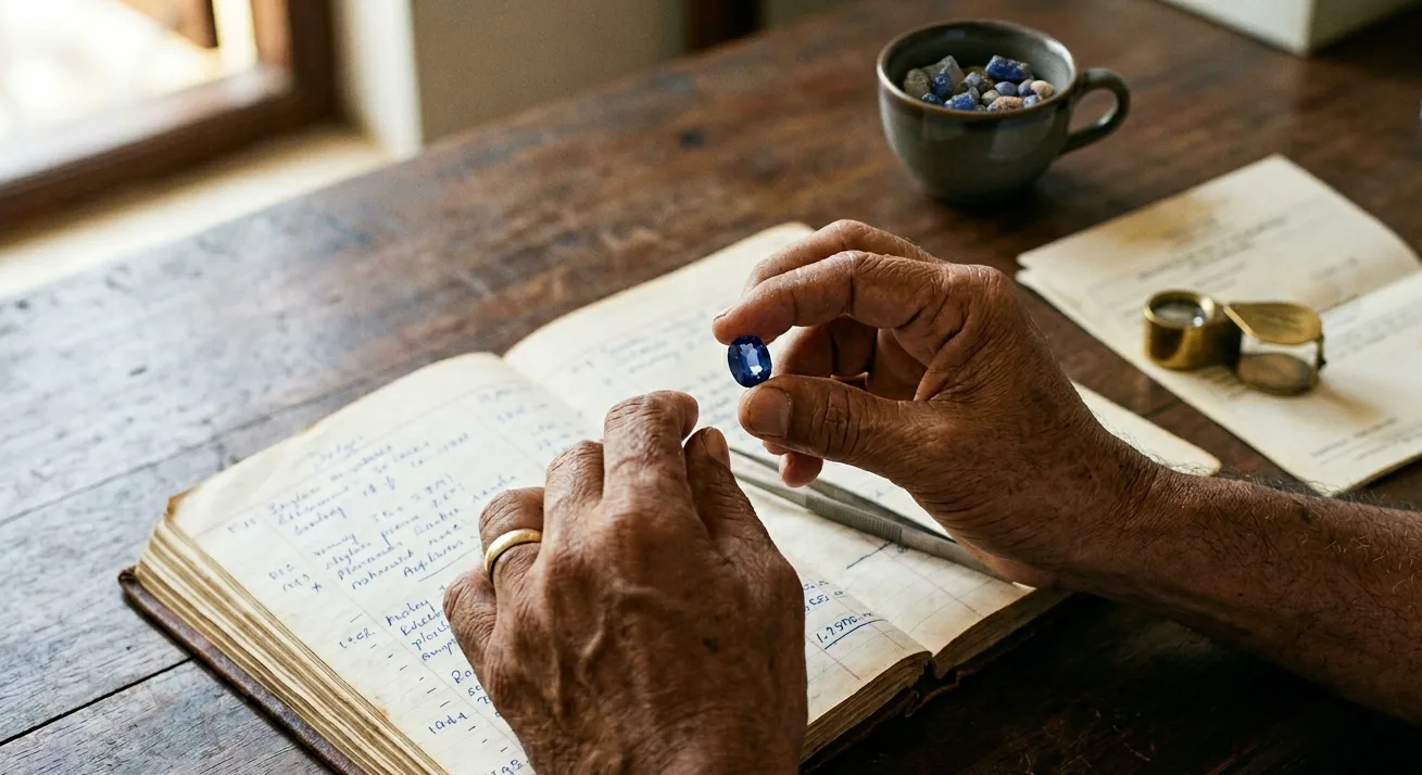 A Sri Lankan gem dealer's hands holding a small finished blue sapphire above a wooden invoice book, with a magnifying loupe and a printed lab report visible on the desk.