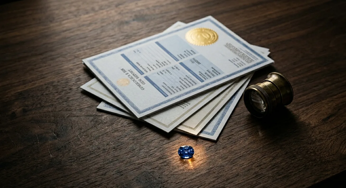 Stack of gemological lab reports and certification documents arranged on a dark walnut desk, including a GIA report, an SSEF report, and a generic responsible-sourcing certificate.