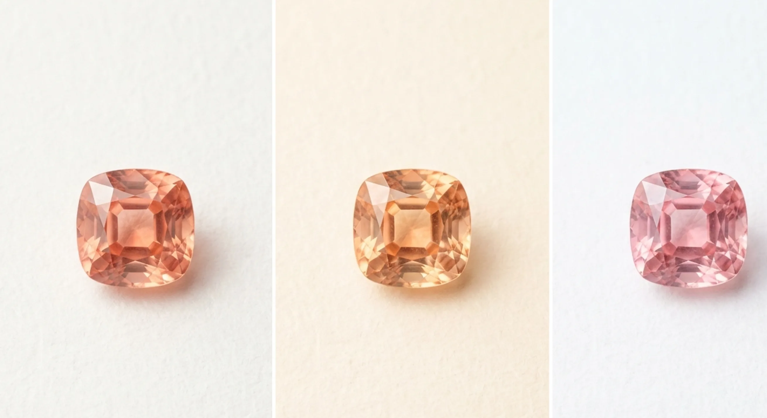 One padparadscha sapphire photographed three times on white paper, in daylight, warm bulb light and cool LED light