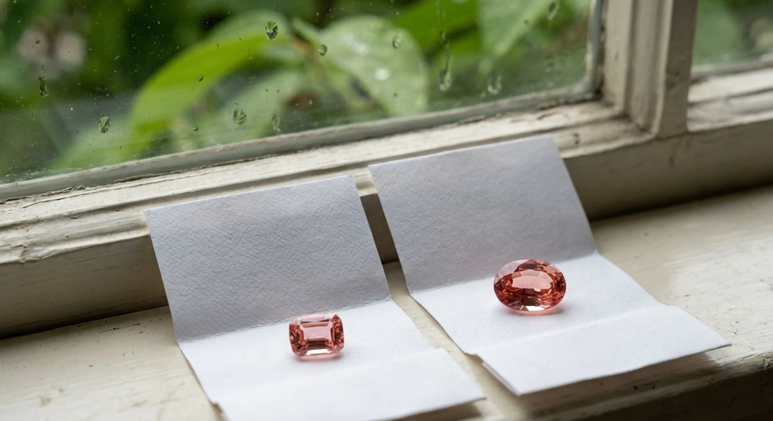 A cushion and an oval padparadscha sapphire on white gem papers on a windowsill in daylight