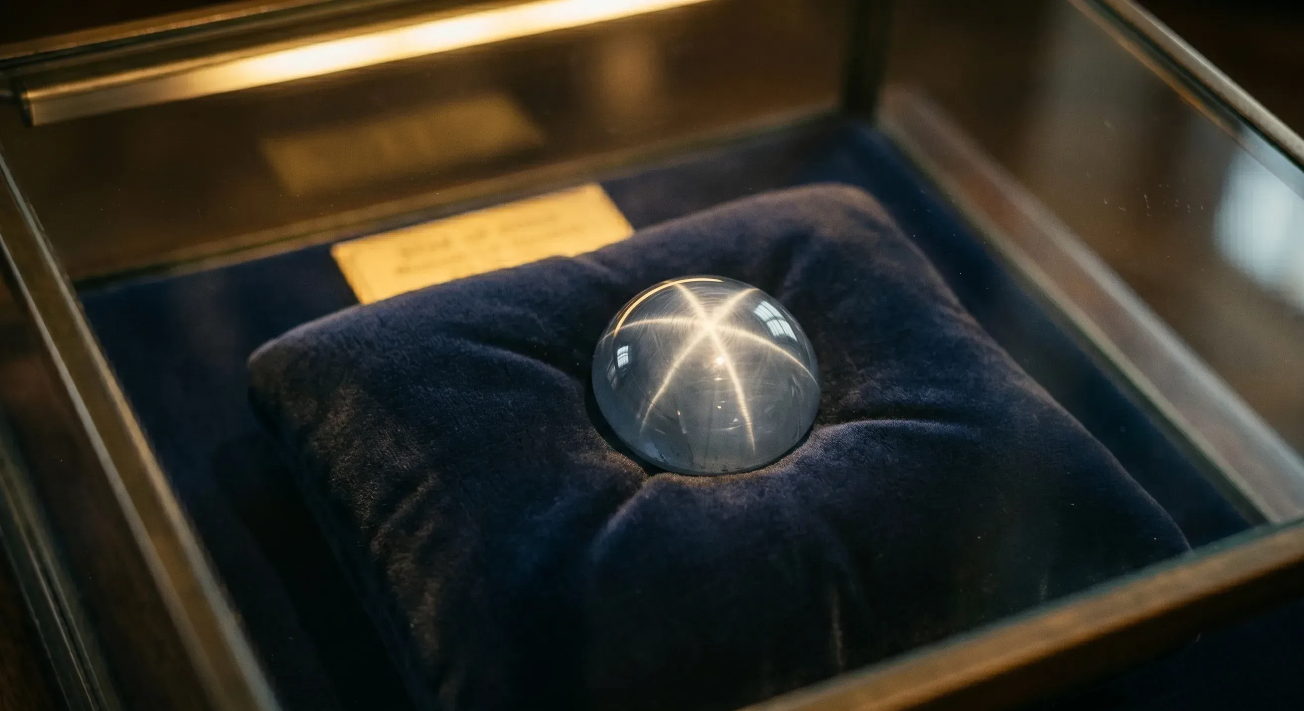 Historical-style photograph of the Star of India on a dark velvet display cushion inside a museum case, with soft overhead lighting highlighting the six-rayed star on the blue-grey dome.