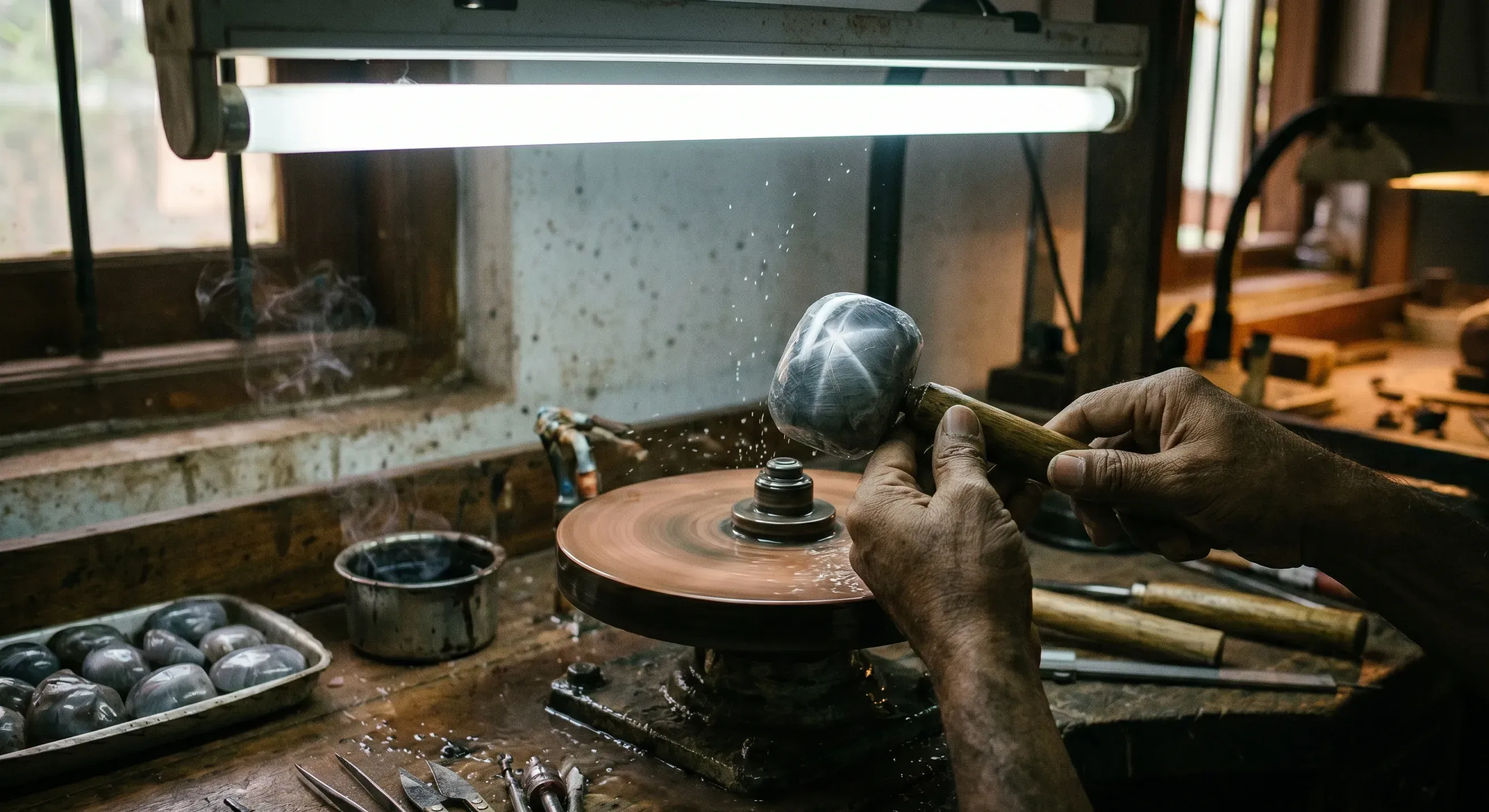 Close-up of a traditional Sri Lankan gem cutter at a wooden lapidary bench, hands holding rough corundum under an overhead fluorescent tube, visible star pattern reflecting on the dome as he tilts the stone.