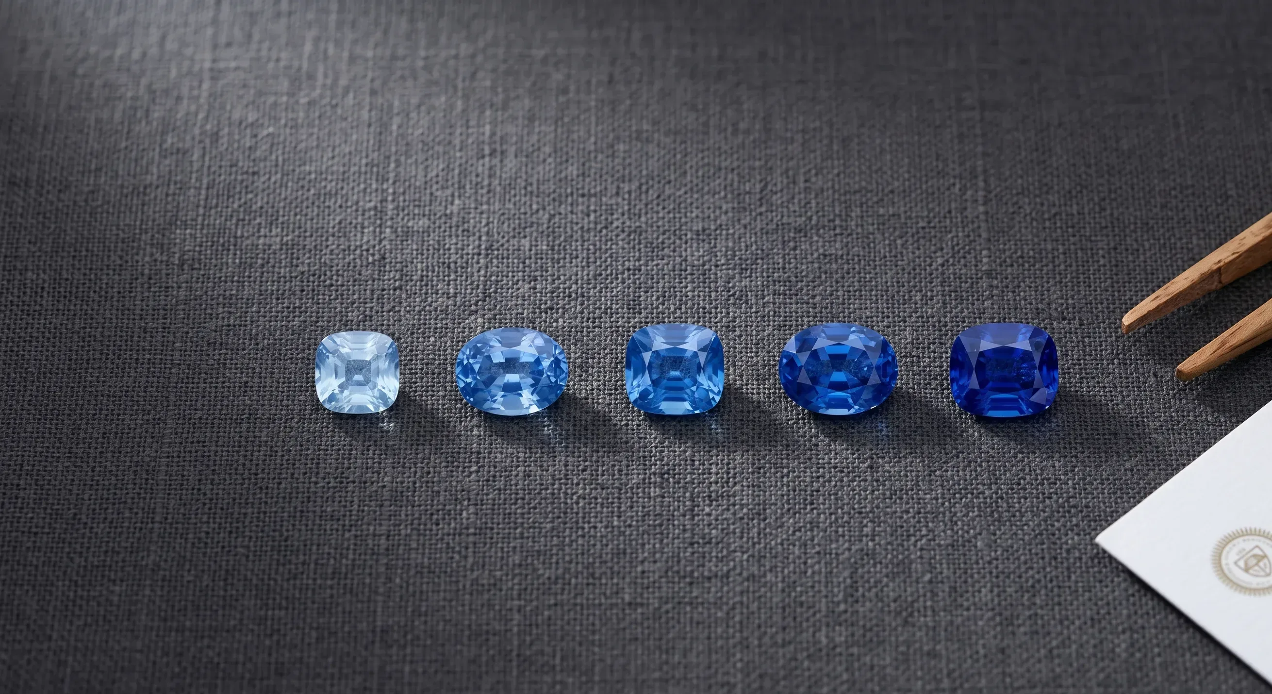 Overhead flat lay of five loose faceted Ceylon sapphires on charcoal linen arranged from pale sky blue to deep royal blue, next to a wooden gem tweezer and a printed GIA report.