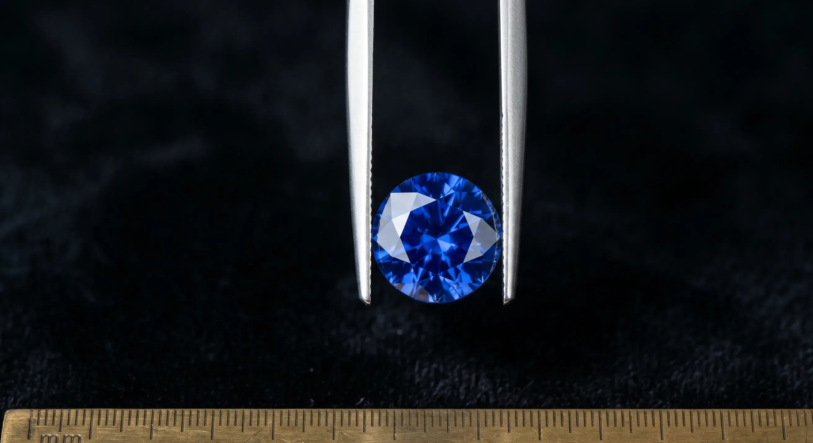 Macro close-up of a single round brilliant Ceylon sapphire held in polished steel gem tweezers against a black velvet backdrop with a brass ruler for scale.