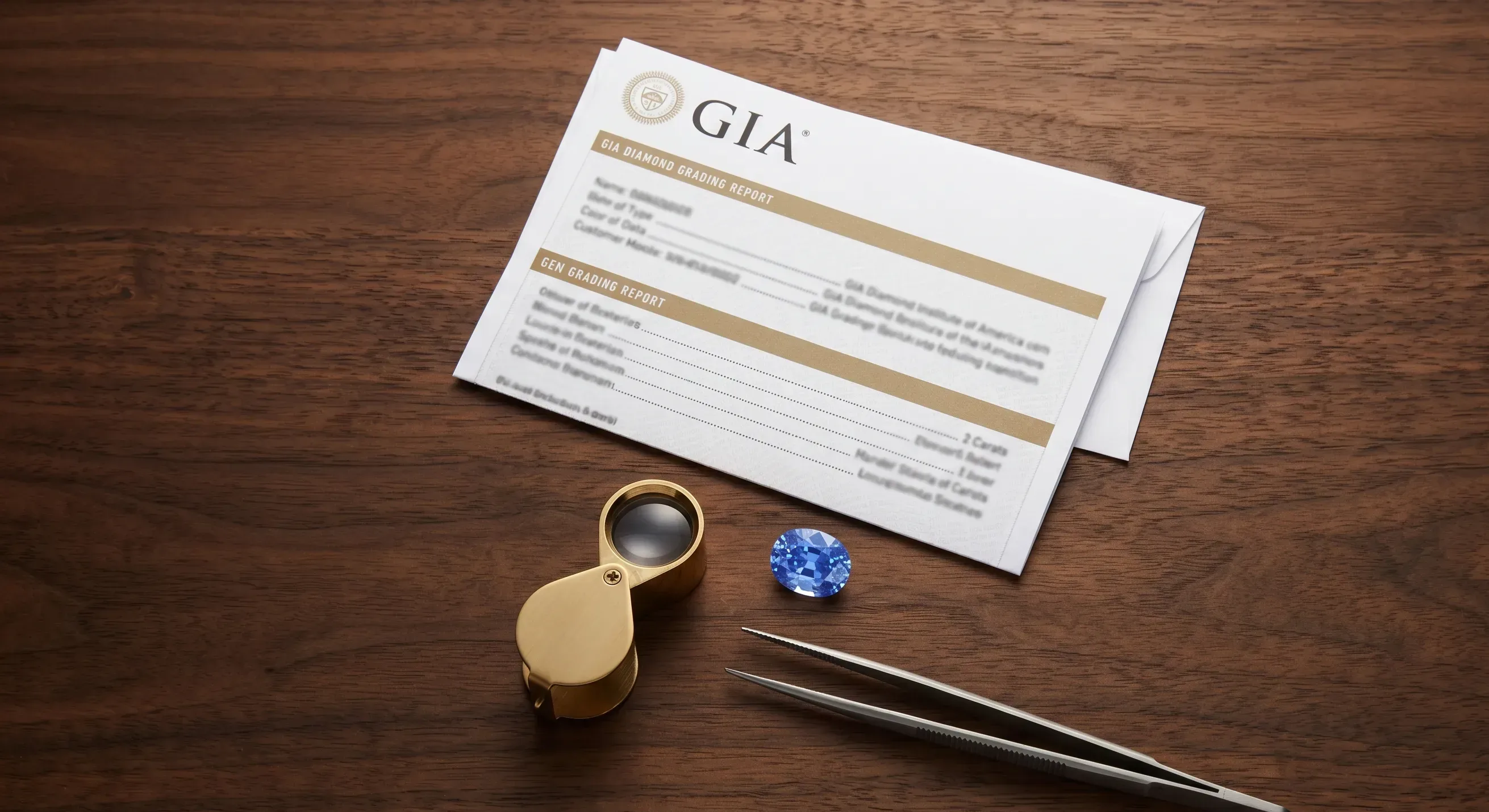 Flat lay of a GIA gem grading report next to a two-carat oval Ceylon sapphire in cornflower blue on a dark wooden desk, with a jeweler's loupe and steel tweezers beside them.