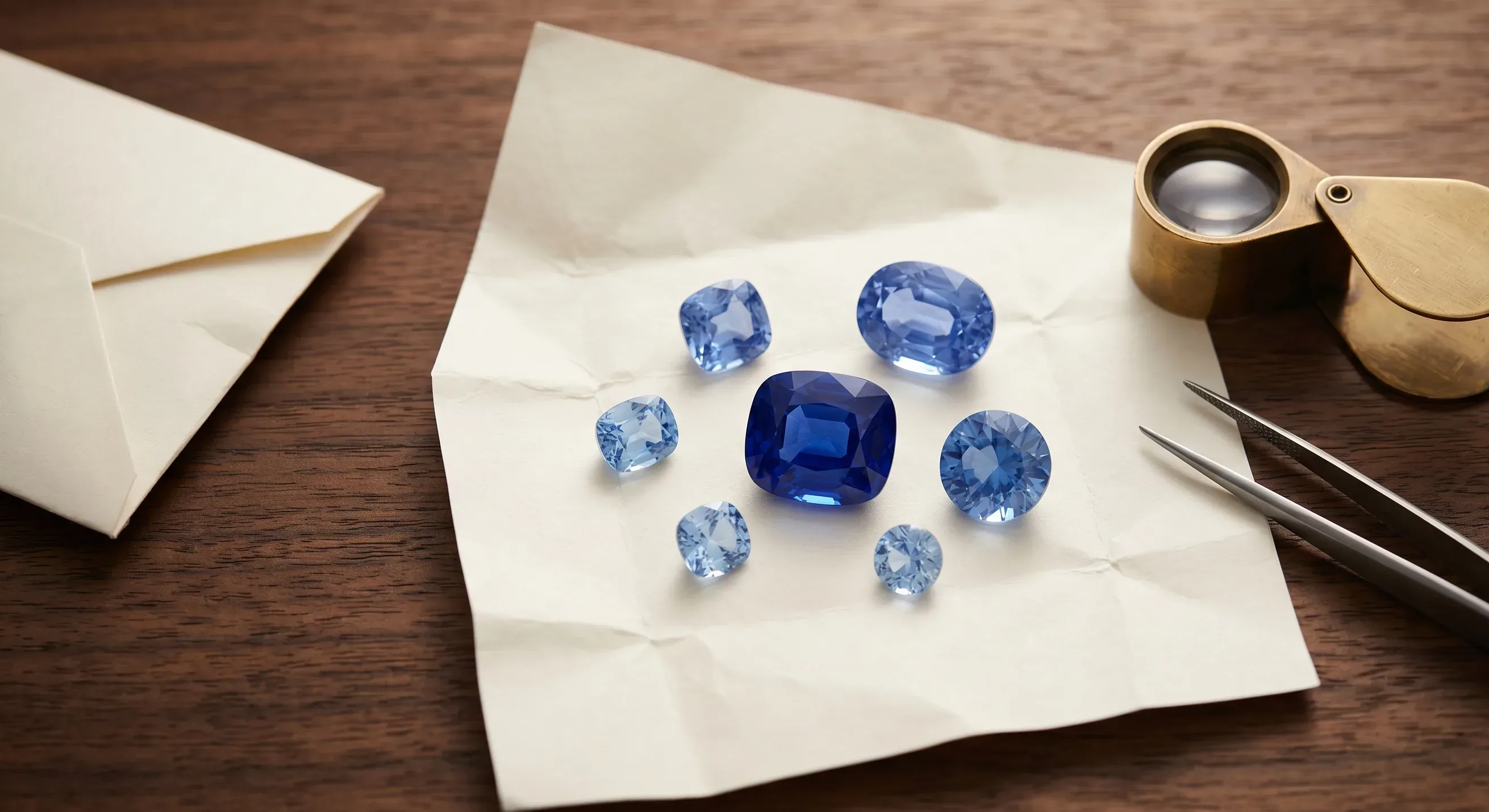 Loose parcel of six Ceylon sapphires of varying sizes spread on a white paper parcel sheet on a dark wooden desk, alongside a jeweler's loupe and steel tweezers.