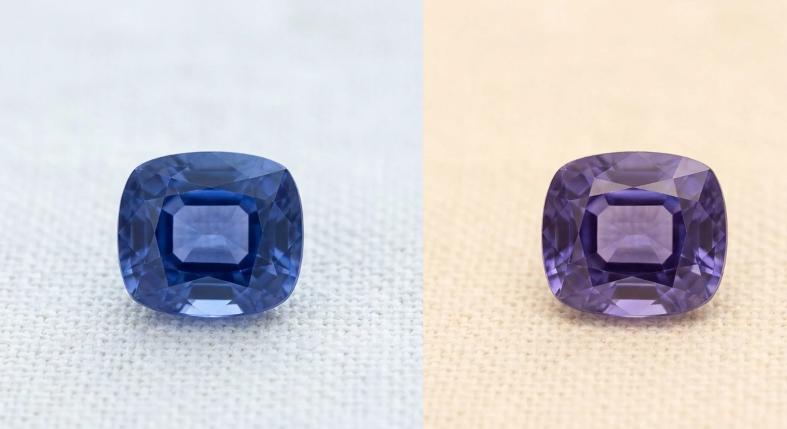 The same violetish blue sapphire on pale linen in cool daylight and in warm light, looking slightly more purple in the warm light