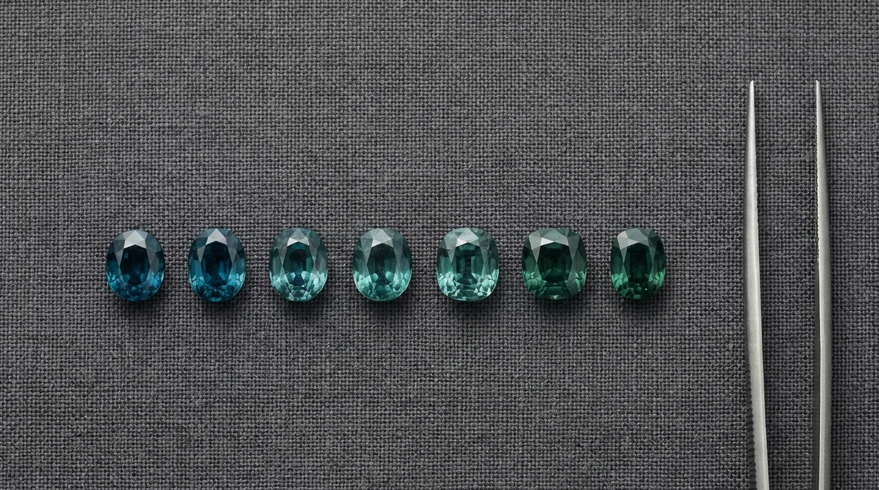 A row of seven loose teal sapphires arranged from blue-dominant to green-dominant across charcoal grey linen, next to a pair of gem tweezers, showing the full blue-to-green range of teal colour.