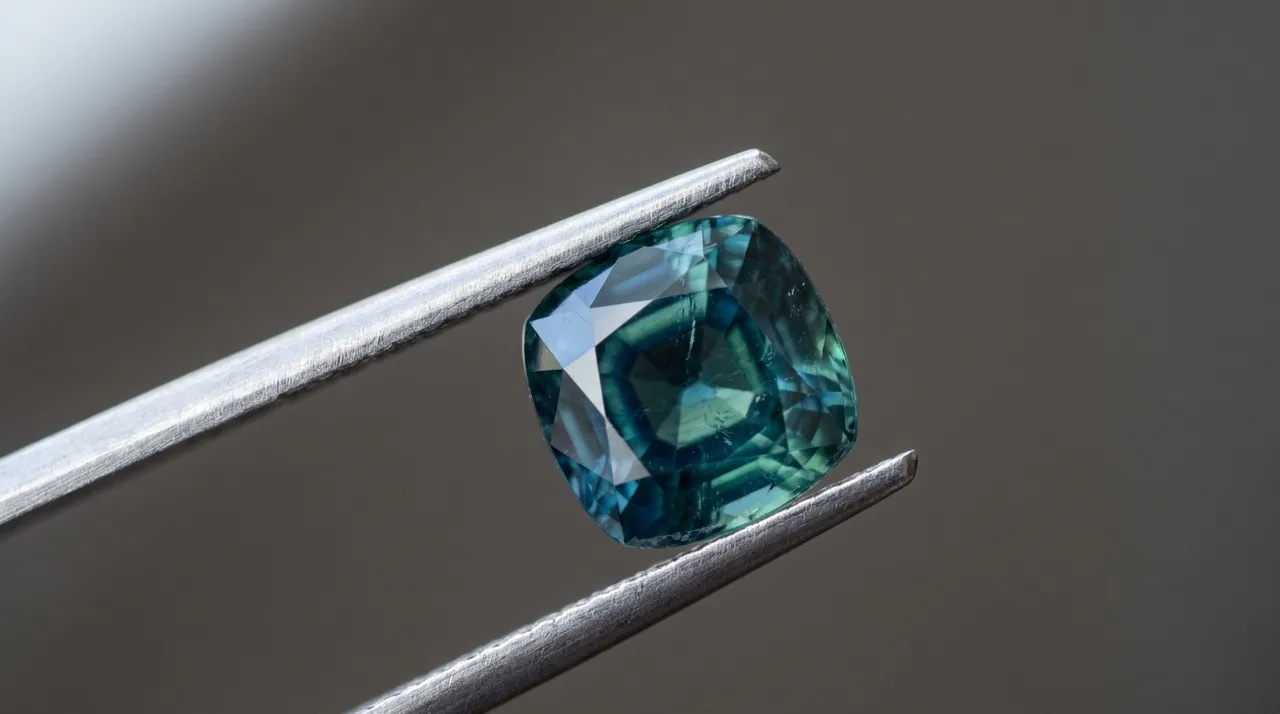 A single vivid teal Ceylon sapphire held in gem tweezers under daylight, showing distinct bands of blue and green within the faceted stone against a softly blurred dark background.