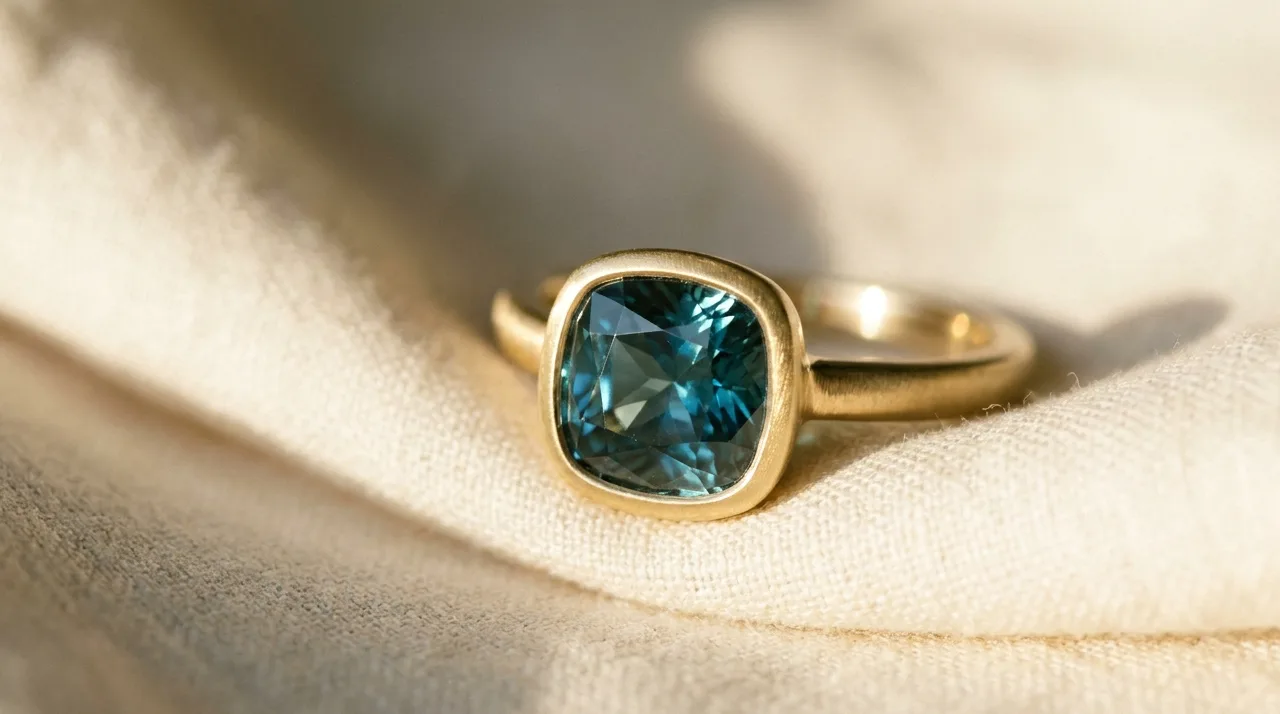 A cushion-cut teal sapphire set in a low-profile yellow gold bezel solitaire ring, photographed close up on folded cream linen, the blue-green colour of the stone catching warm directional light.