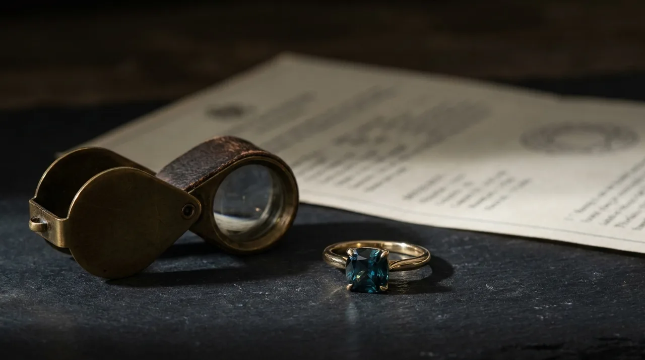 A teal sapphire engagement ring placed beside a printed gemological laboratory report and a jeweller's loupe on a dark surface, the report's colour description visible in soft focus.