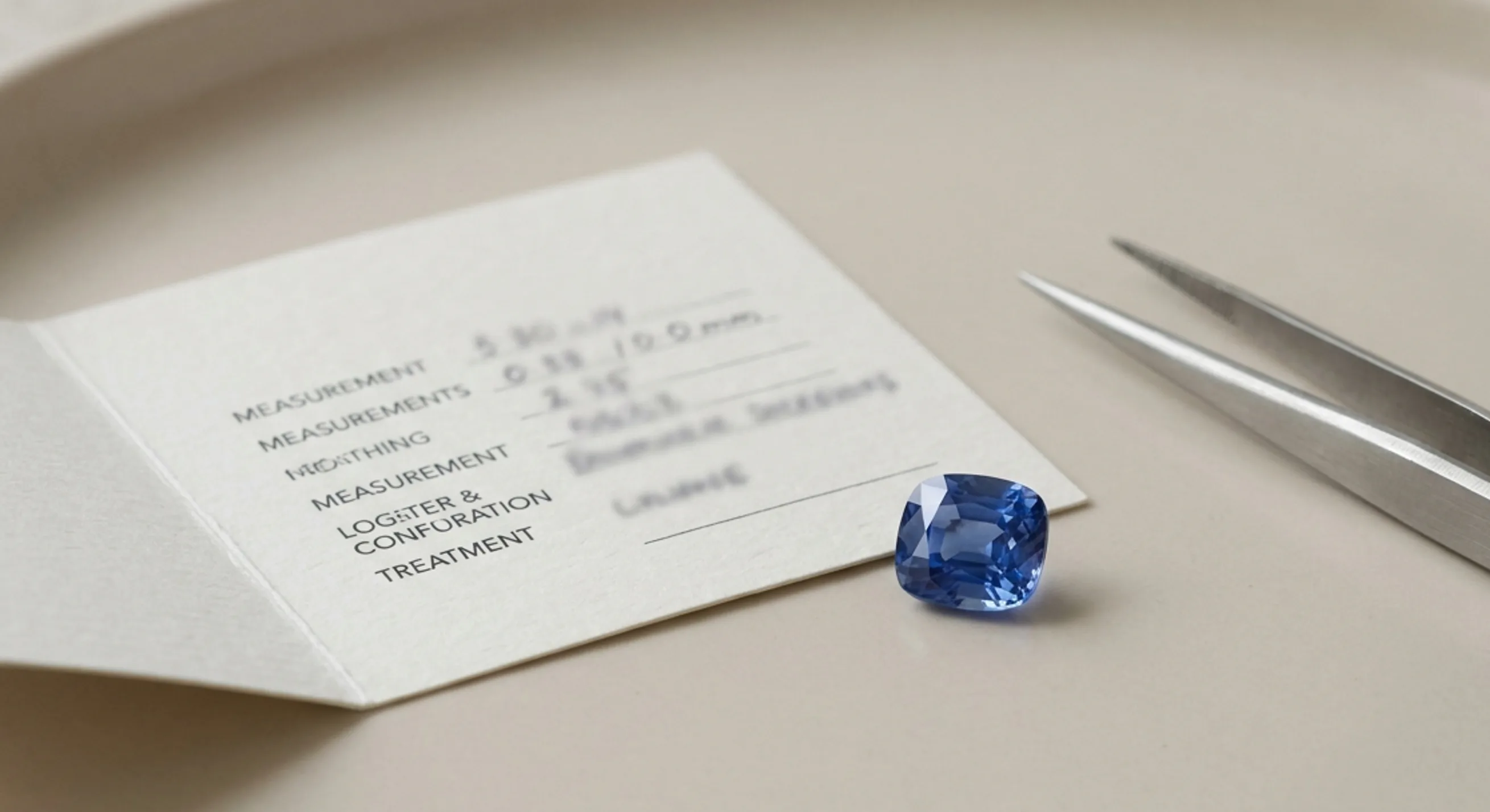 A blue sapphire beside a gemological certificate on a pale surface