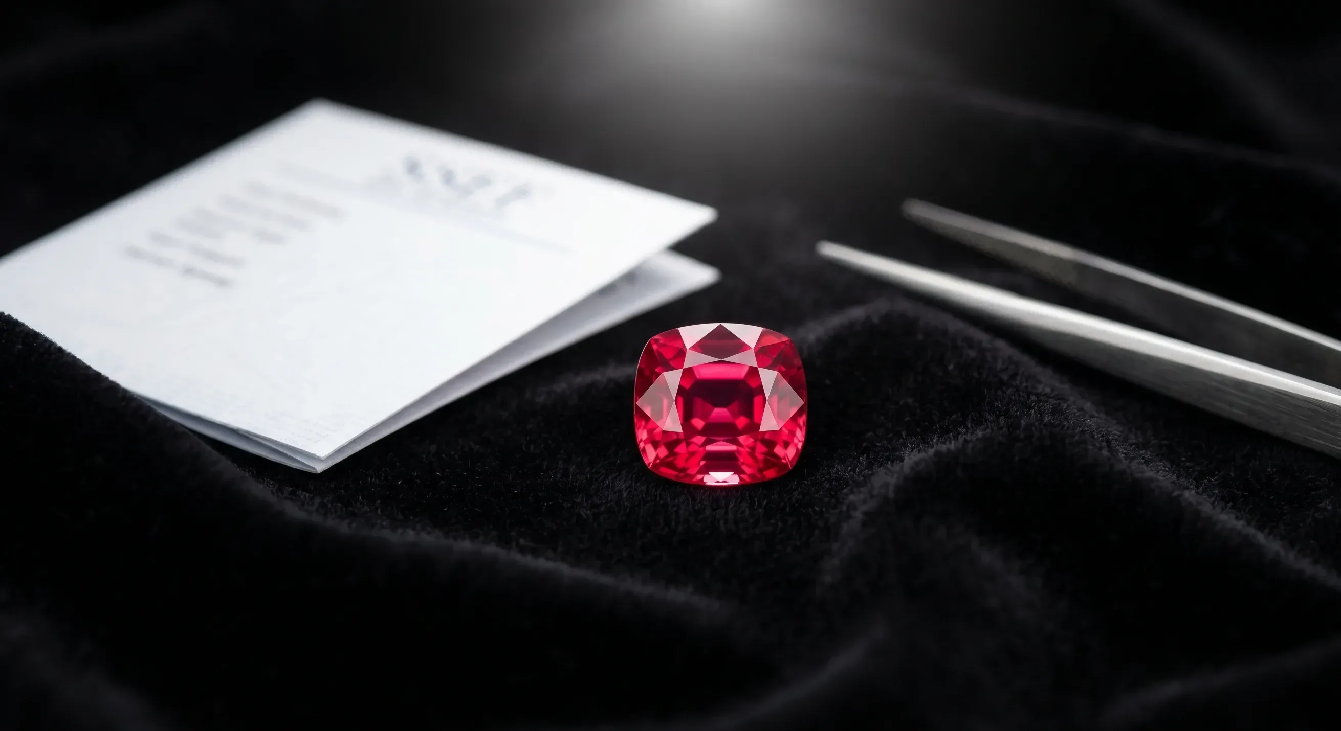 Side profile macro shot of a cushion-cut red spinel set in a low-profile four-prong ring setting, resting on a dark linen surface with soft directional lighting highlighting the stone's interior fire.
