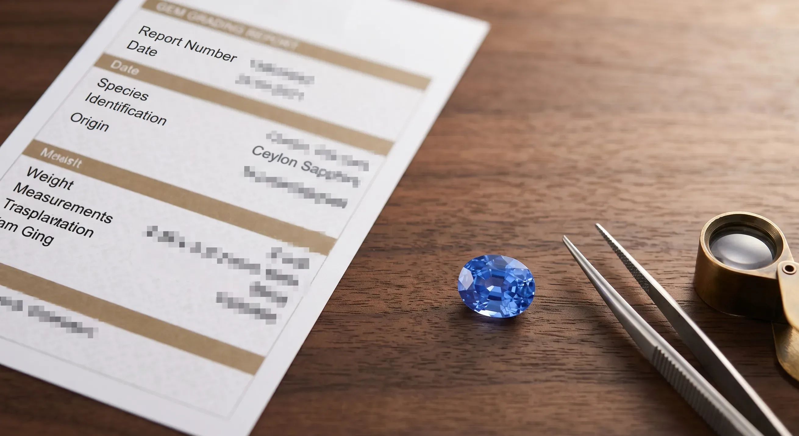 Overhead flat lay of a GIA colored stone report paper next to a faceted two-carat blue Ceylon sapphire, a jeweler's loupe, and steel gem tweezers on a dark walnut desk.