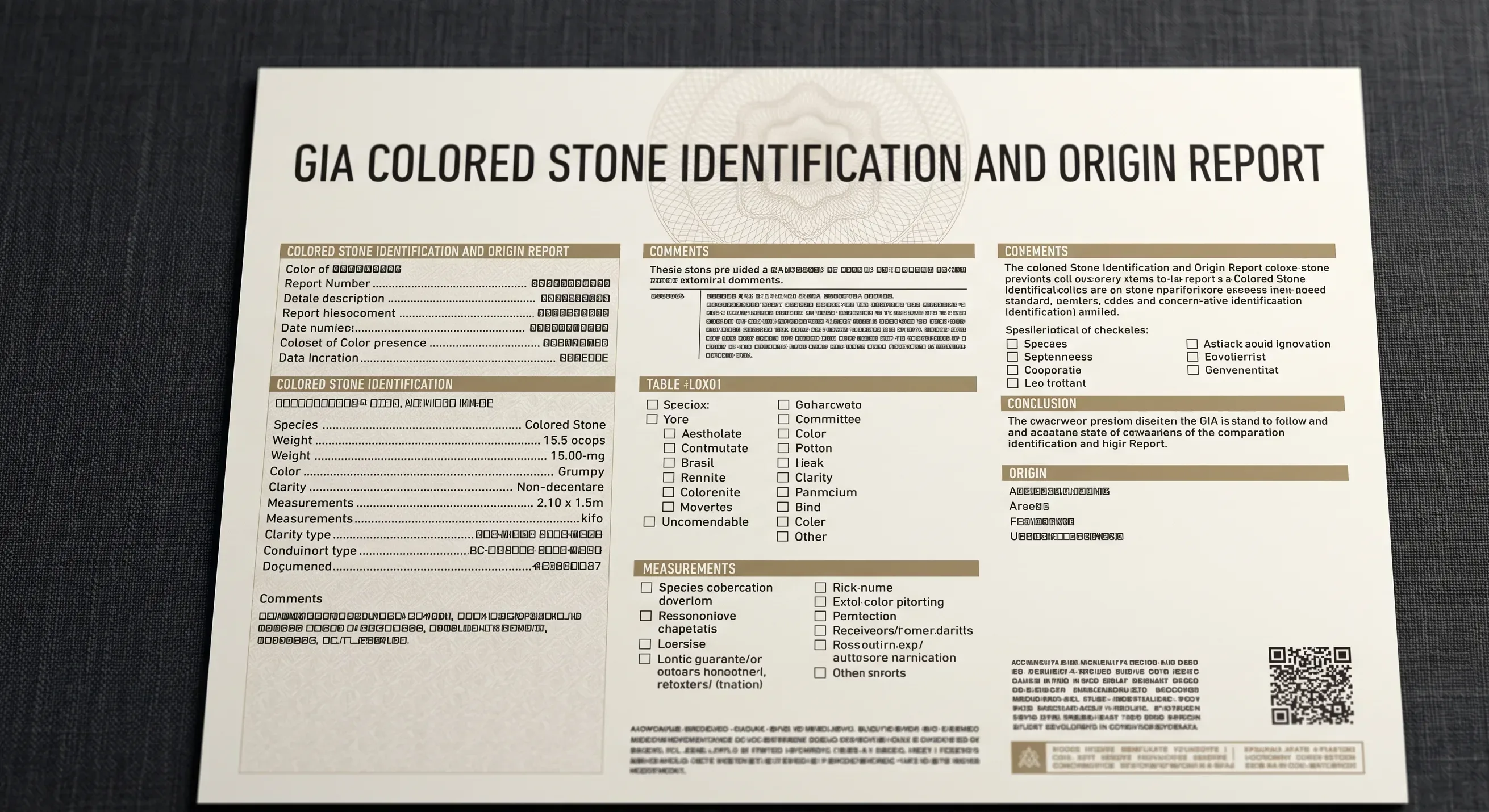 Close-up of a printed GIA Colored Stone Identification and Origin Report laid flat on dark fabric, with fields for weight, measurements, and treatment partially visible but not legibly detailed.