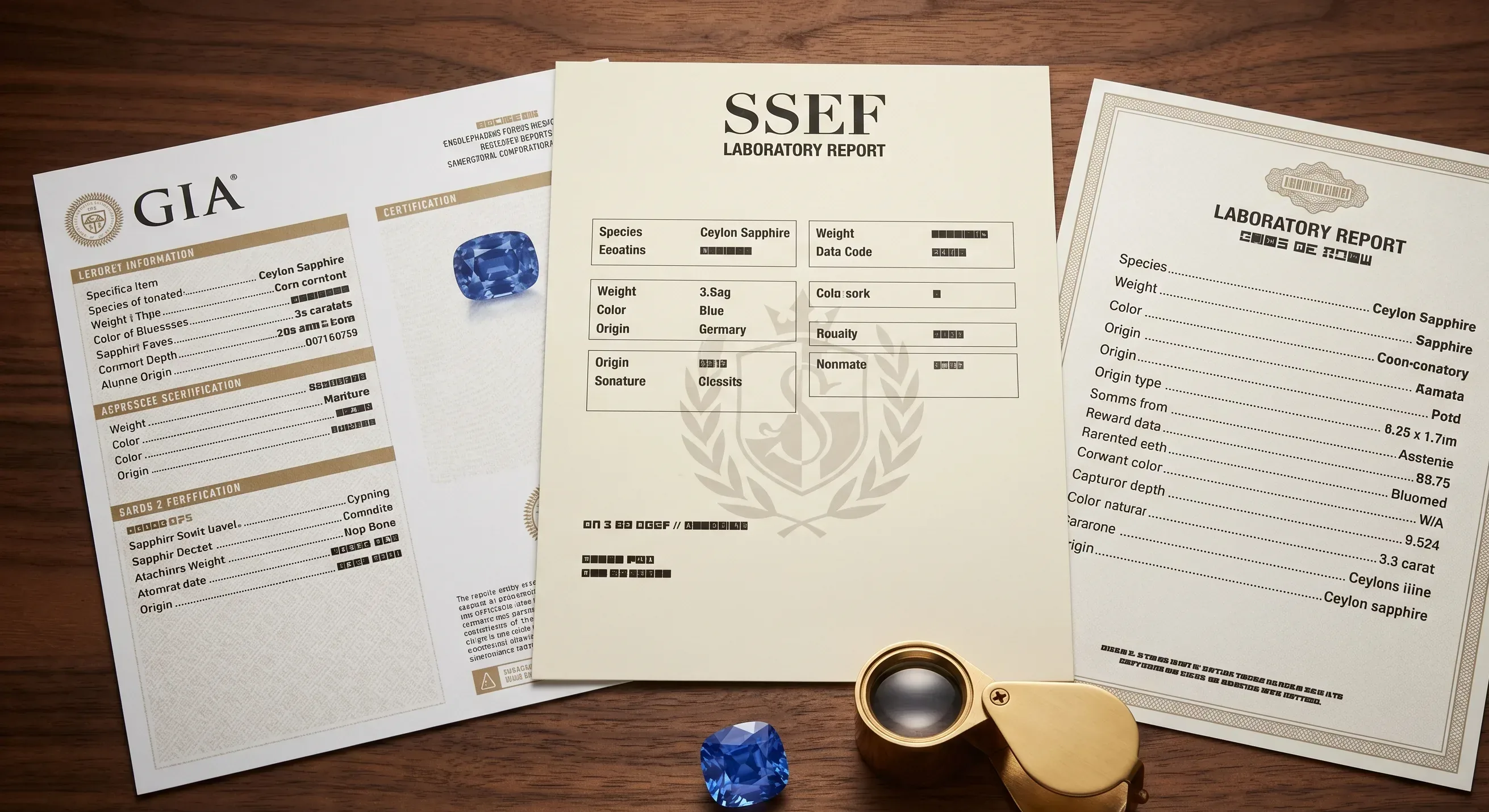 Three gem lab report documents (GIA, SSEF, and Gübelin) spread side by side on a dark wooden surface with a loose faceted sapphire and a jeweler's loupe in the foreground.