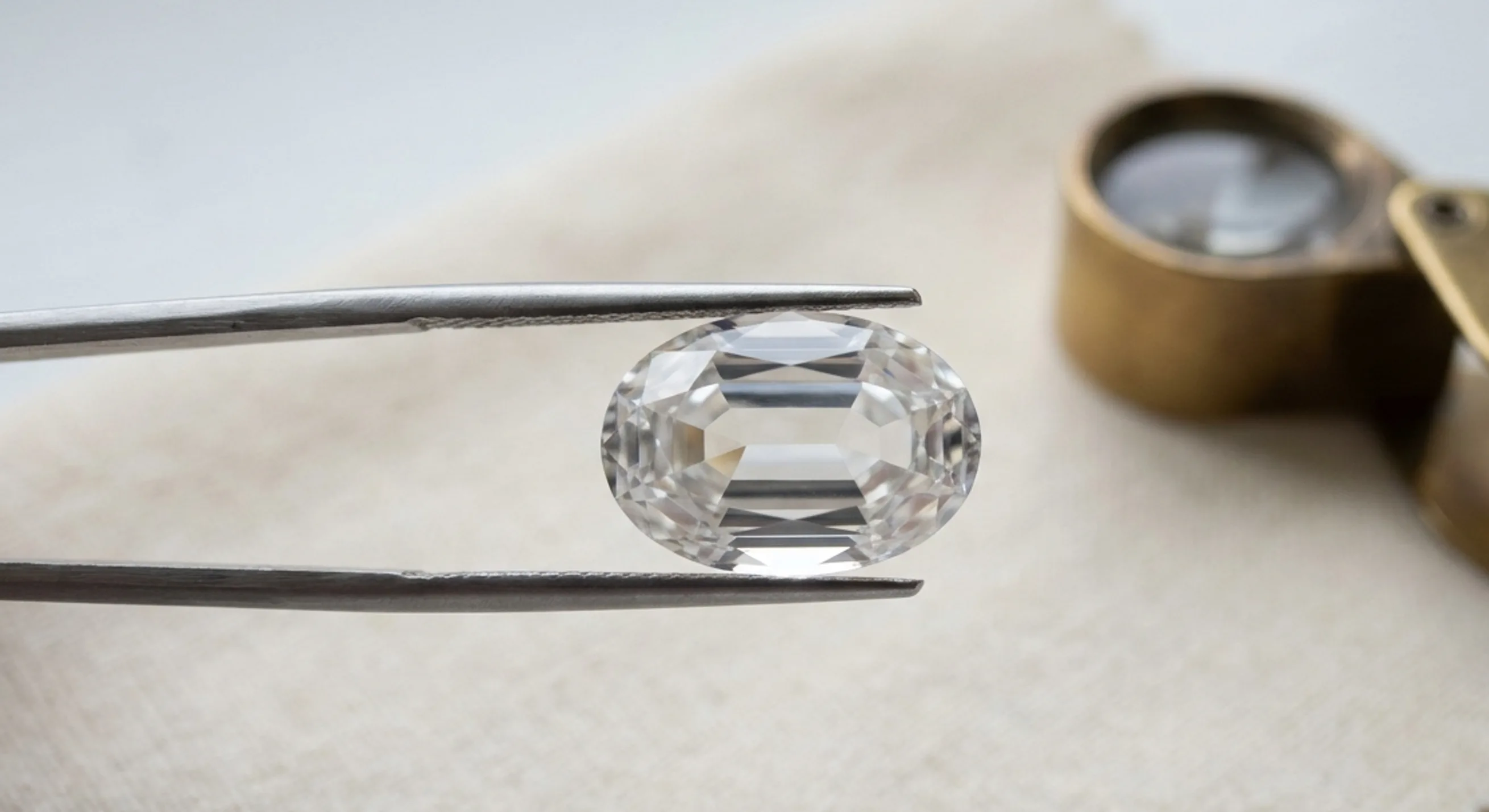 Macro view through a colorless zircon showing doubled back facet edges, with a loupe nearby