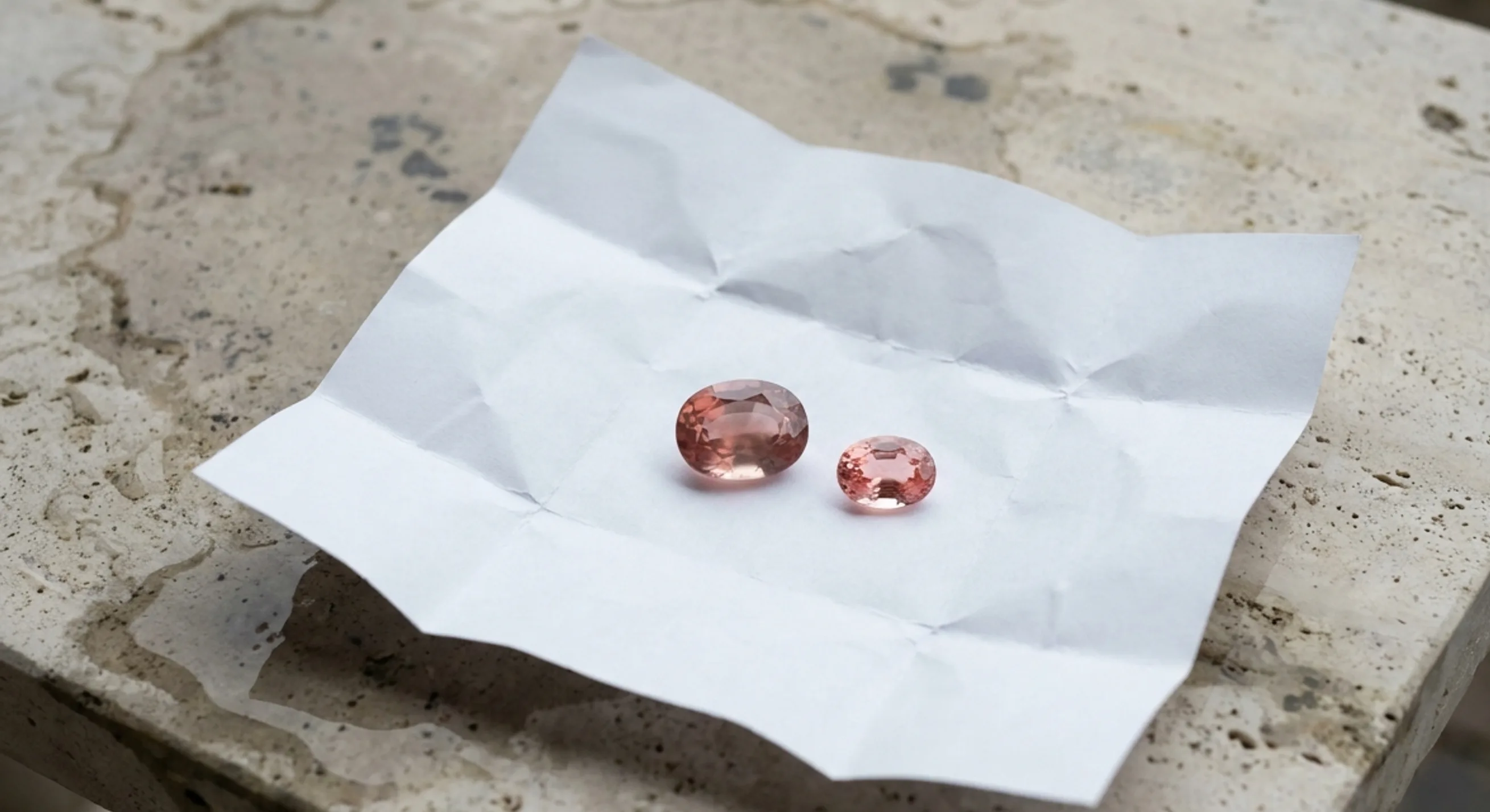 Two oval sapphires on white gem paper in overcast daylight: a larger one with a smoky veil and colour zoning, and a smaller, evenly coloured salmon one