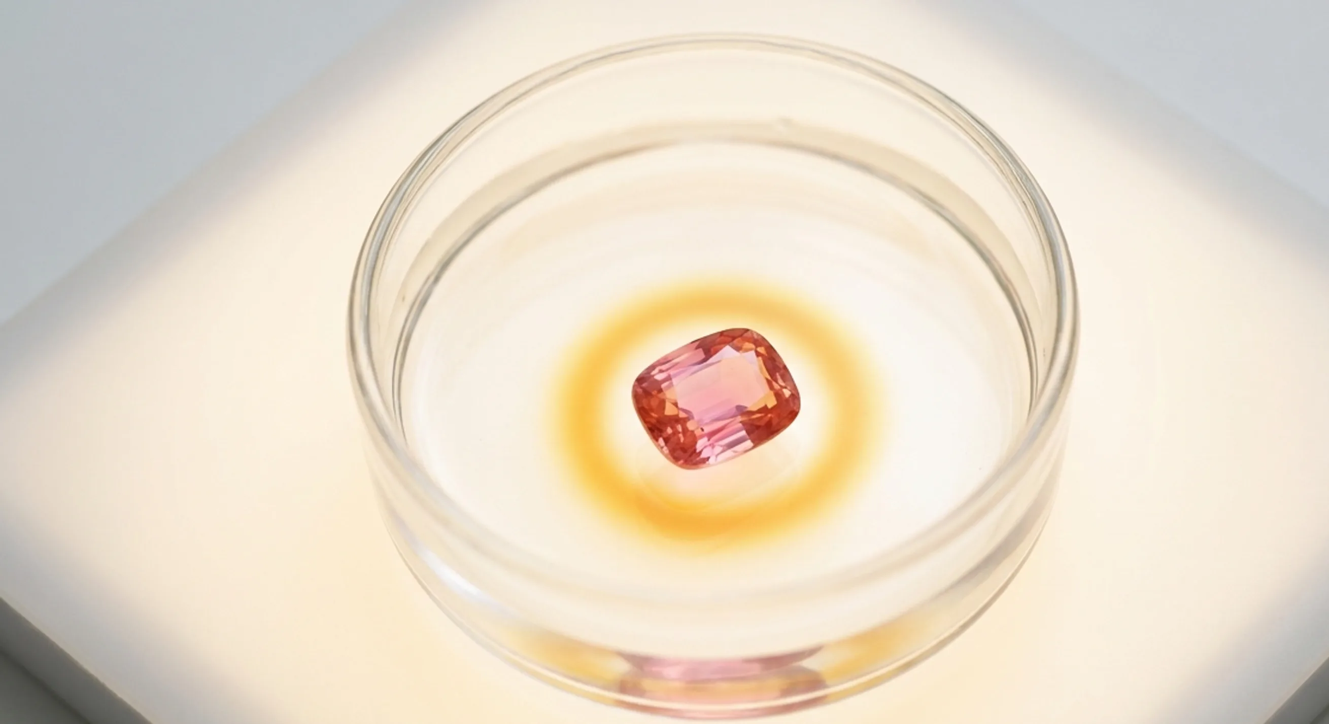 Pink-orange sapphire in an immersion dish on a pale light panel, with a yellow-orange rim around a pink core