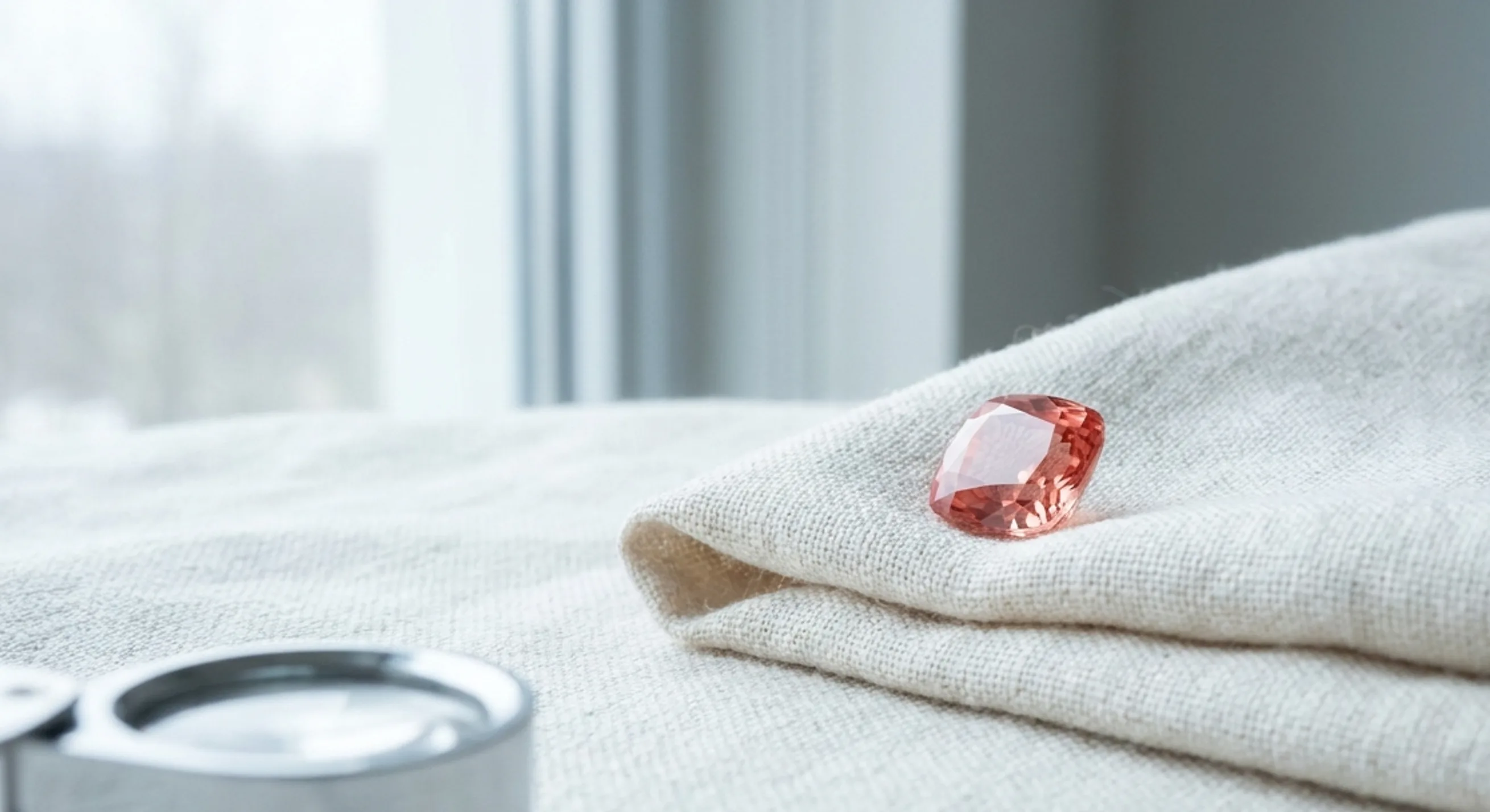 Cushion-cut padparadscha sapphire tilted on white linen in soft window daylight, with a loupe nearby