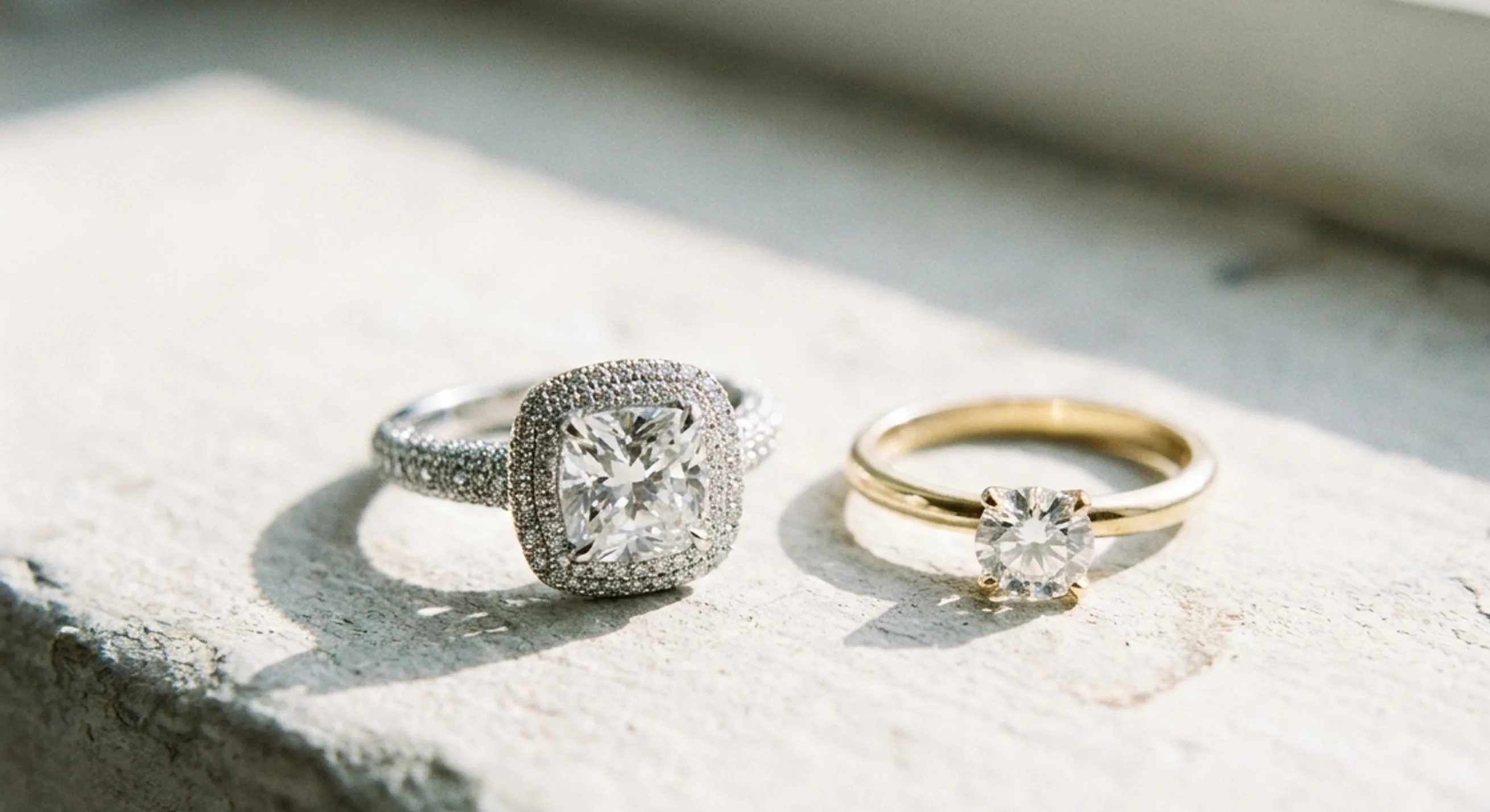 Micro-pavé halo ring next to a plain solitaire ring on pale grey stone