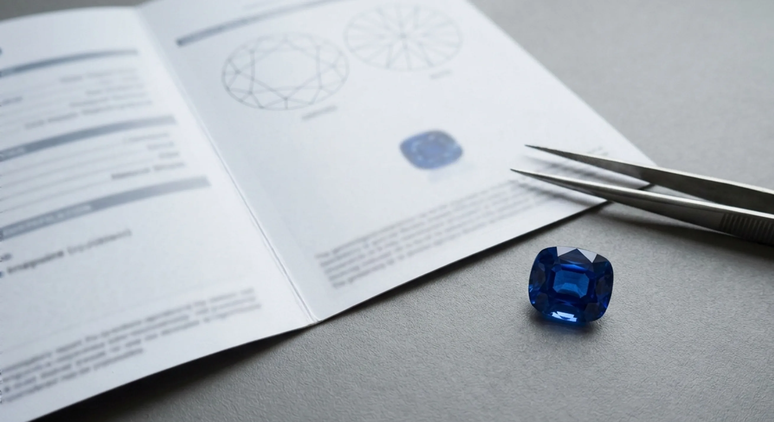 A loose blue Ceylon sapphire resting beside a lab report document with jeweller's tweezers