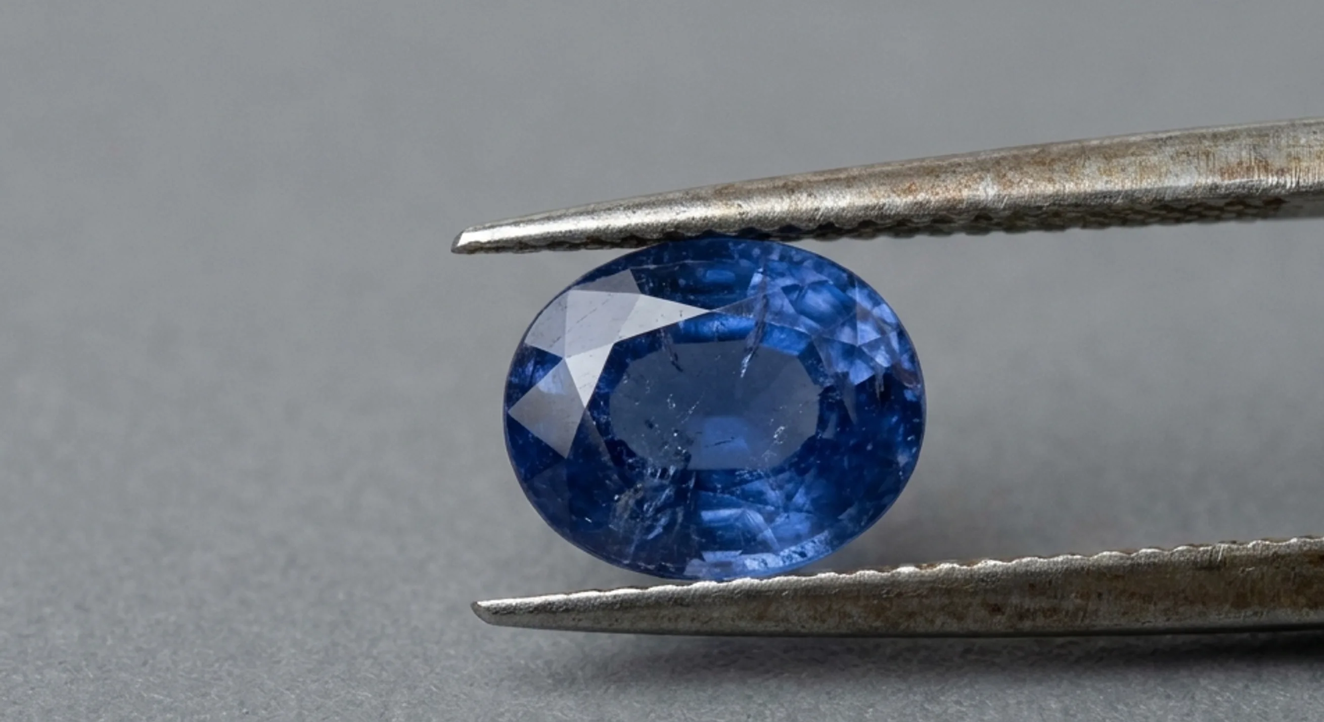 A loose oval blue Ceylon sapphire gripped by jeweller's tweezers under neutral daylight